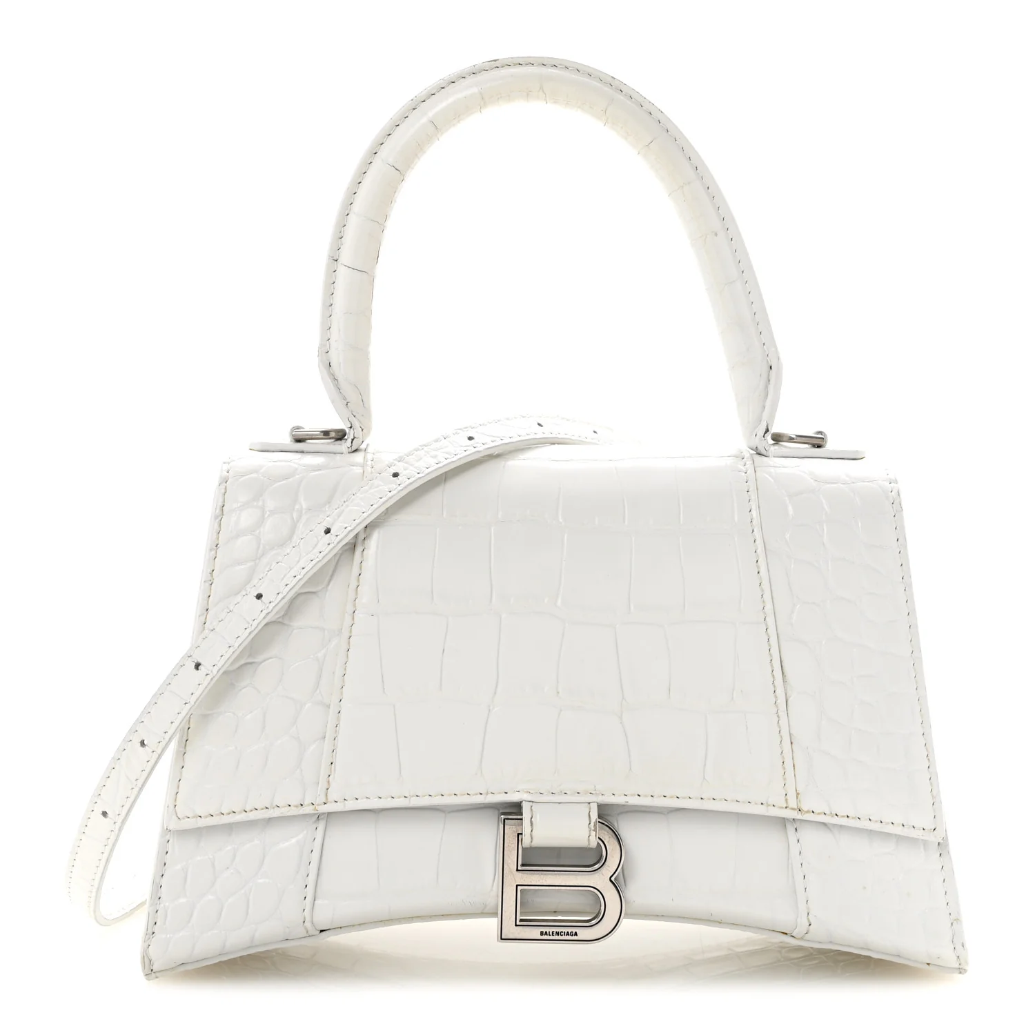 Calfskin Crocodile Embossed Small Hourglass Top Handle Bag White