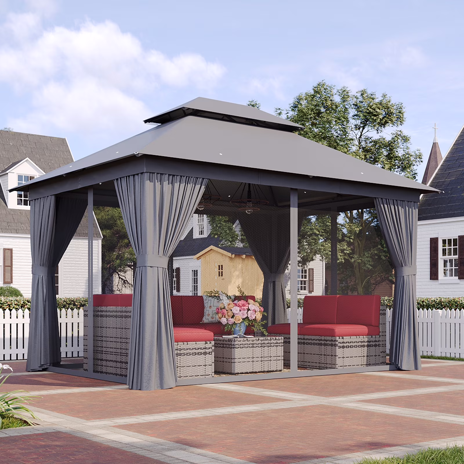 Sunmthink Outdoor Gazebo for Patio 10x12, Metal Frame Canopy with Double Roofs, Heavy Duty Party Tent and Shelter with Mosquito Netting and Privacy Screen for Backyard,Garden,Deck (Gray)