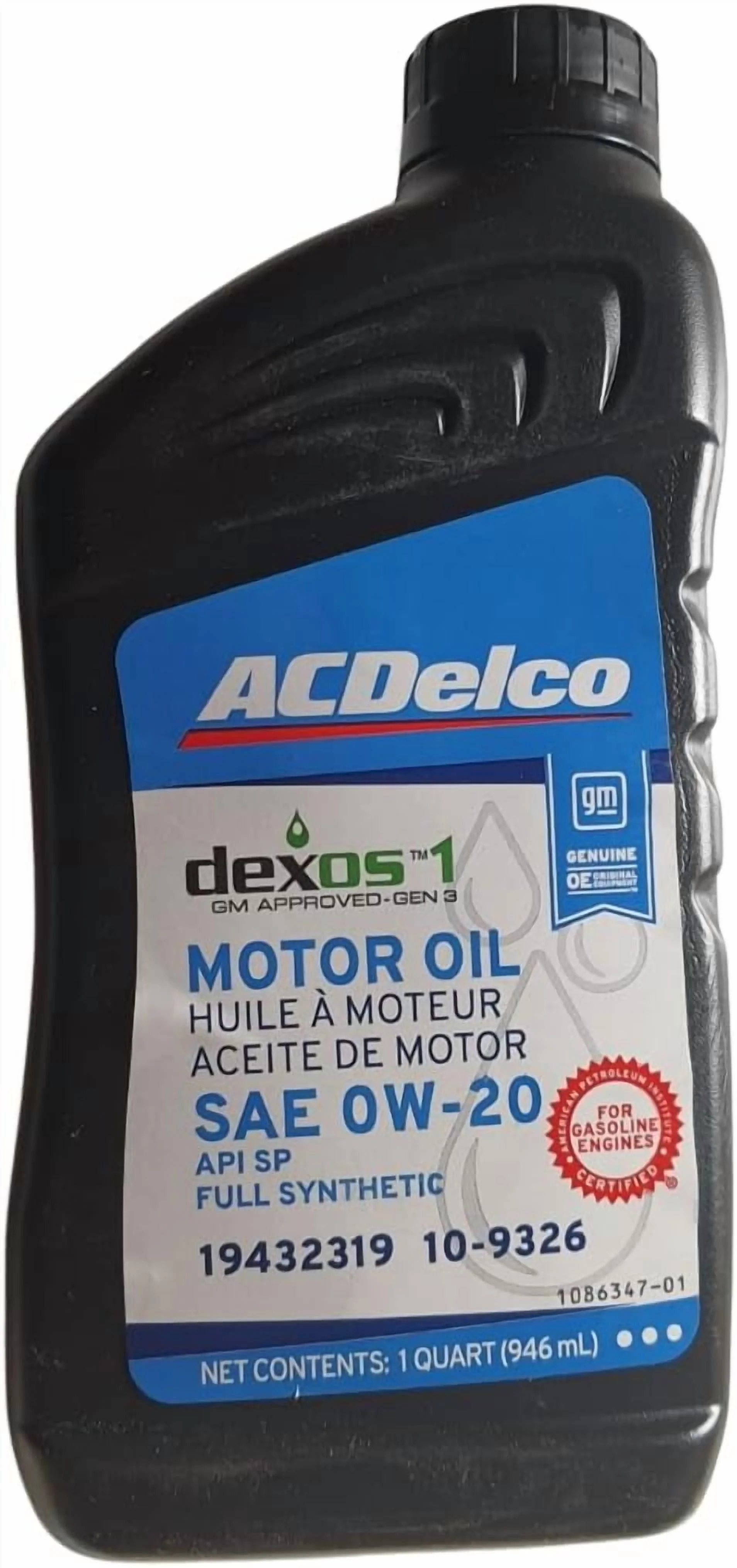 Acdelco 109326 0W - 20 Dexos1 Gen 3 Full Synthetic Motor Oil 1 Quart (8 Pack)
