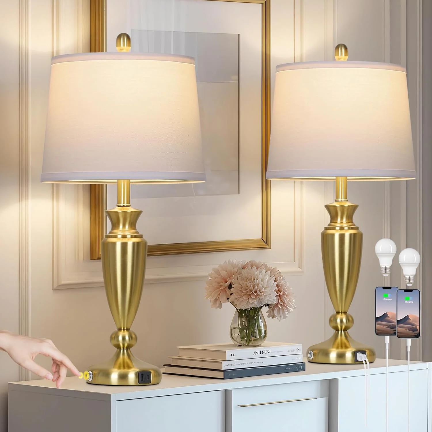 27'' Gold Table Lamps for Living Room, 3 Way Touch Control Bedside Lamps Set of 2 with USB A+C Ports, Modern Metal Nightstand Lamps for Bedroom Living Room Office End Table(Gold) Image 3