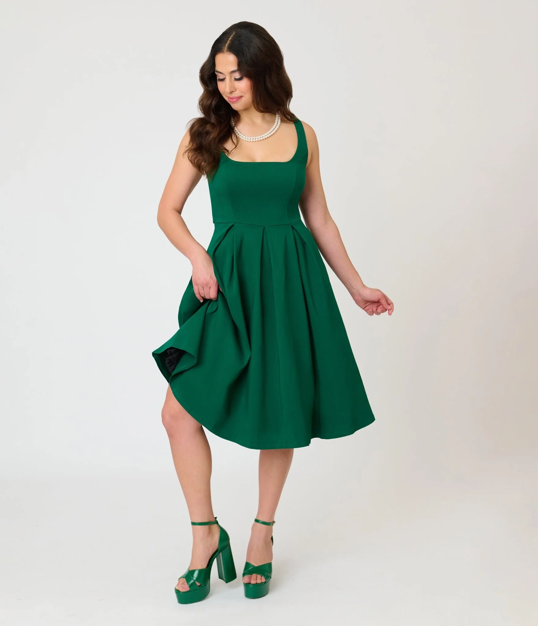 Unique Vintage Emerald Green Square Neck Pleated Swing Dress