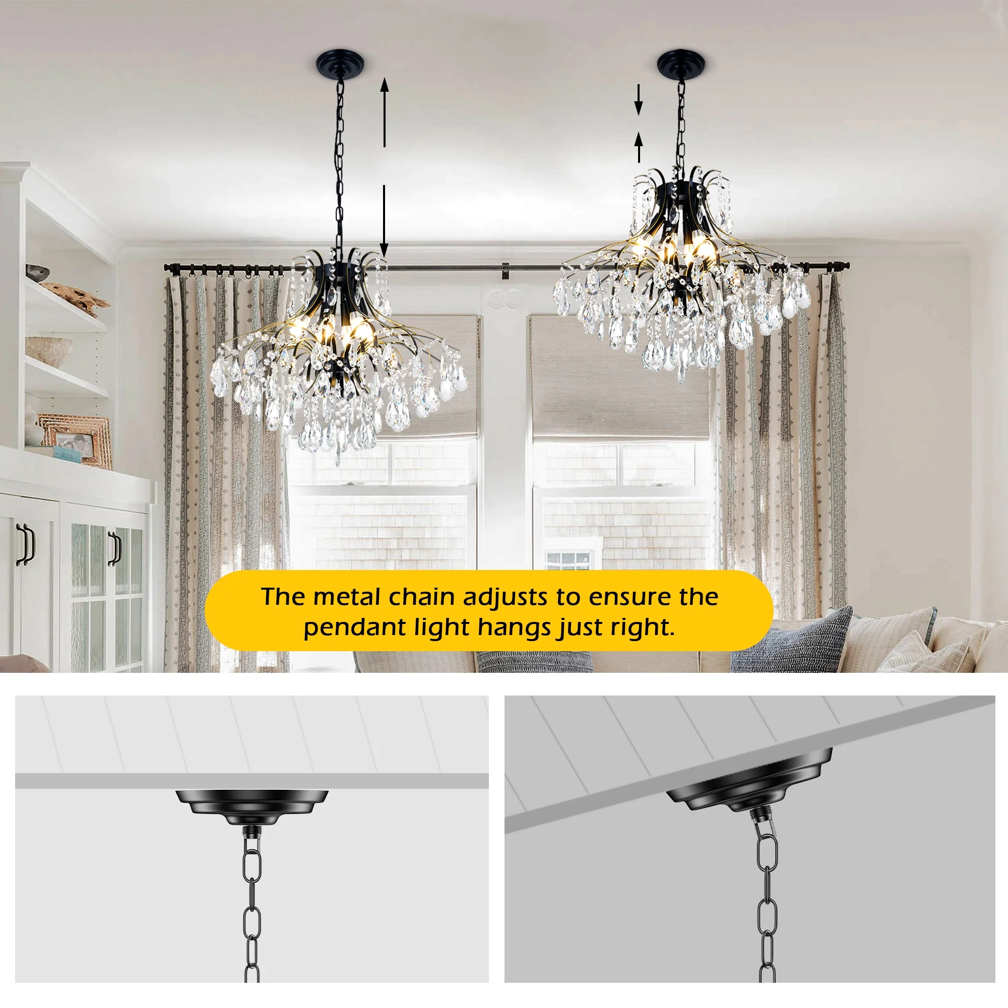 6-Light French Vintage Crystal Chandelier - Black & Gold Wrought Iron Ceiling Light with 23.6" Diameter, Adjustable 21.7" Chain & Wall Control, Dining room ceiling lighting fixtures