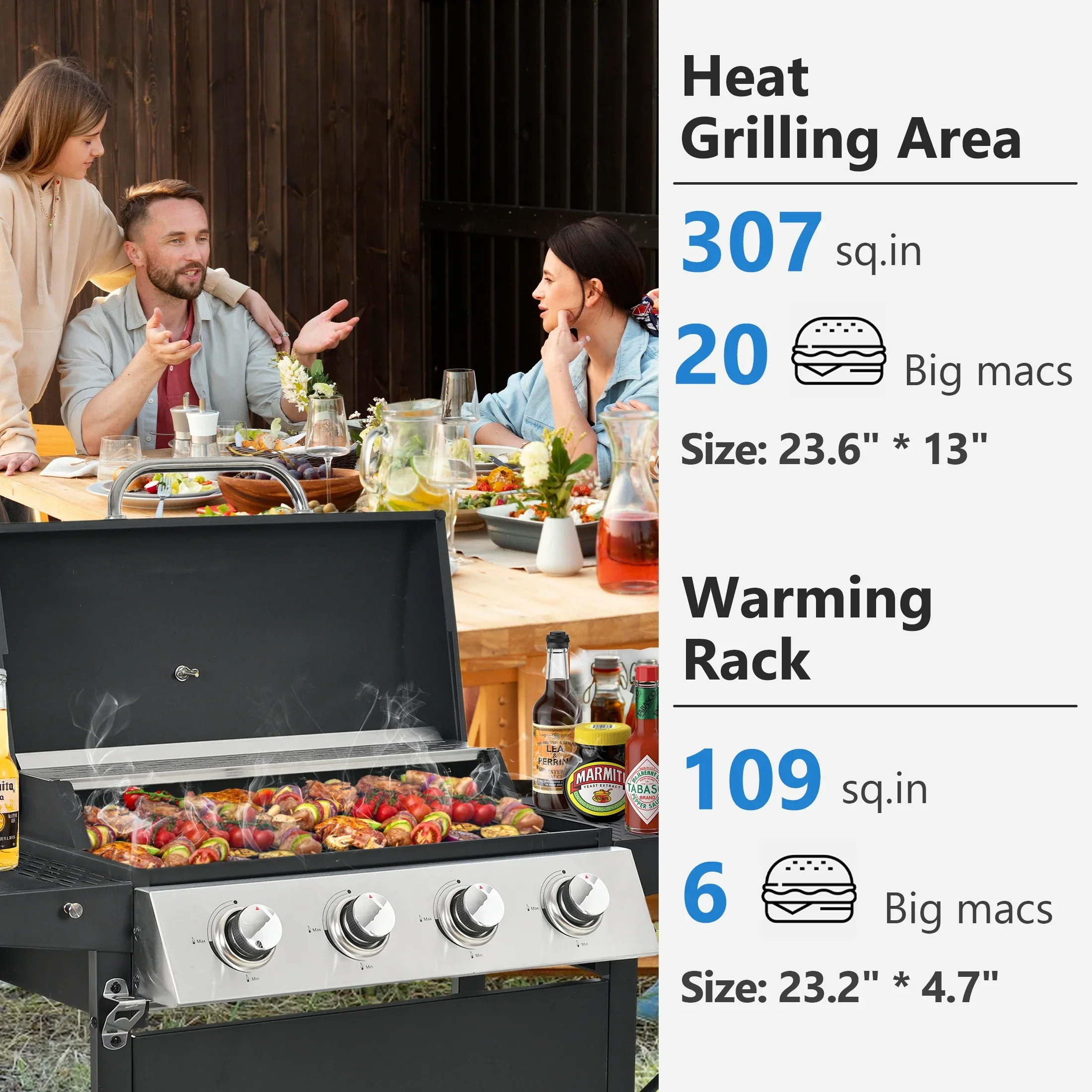 Segmart 3 Burner BBQ Propane Gas Grill, Stainless Steel 30,000 BTU Patio Garden Barbecue Grill with Folding Side Tables, Hanging Basket & Thermometer, Perfect for Camping, Outdoor Cooking