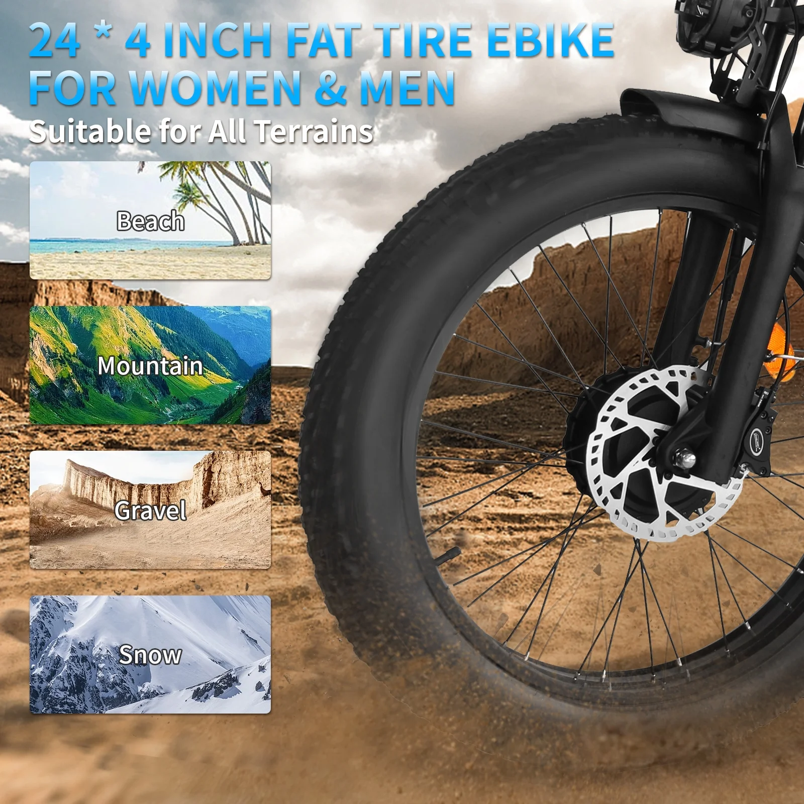 3000W Peak Dual Motor E-Bike, 52V 25AH Battery Elec-tric Bike for Adults, 35MPH Mountain AWD 7-Speed Snow E-Bike with 24" x 4.0 Fat Tire for Mountain Snow Hunting Commuting(Gold) - Image 6