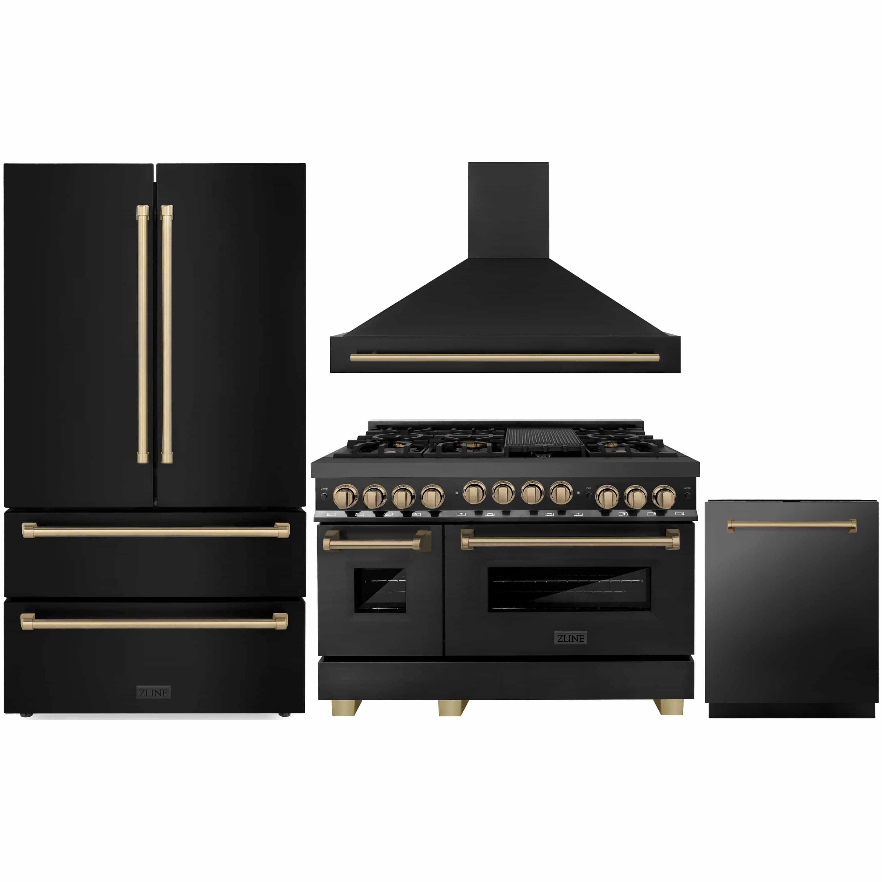 ZLINE 48 in. Autograph Edition Kitchen Package with Black Stainless Steel Dual Fuel Range, Range Hood, Dishwasher and Refrigeration Champagne Bronze