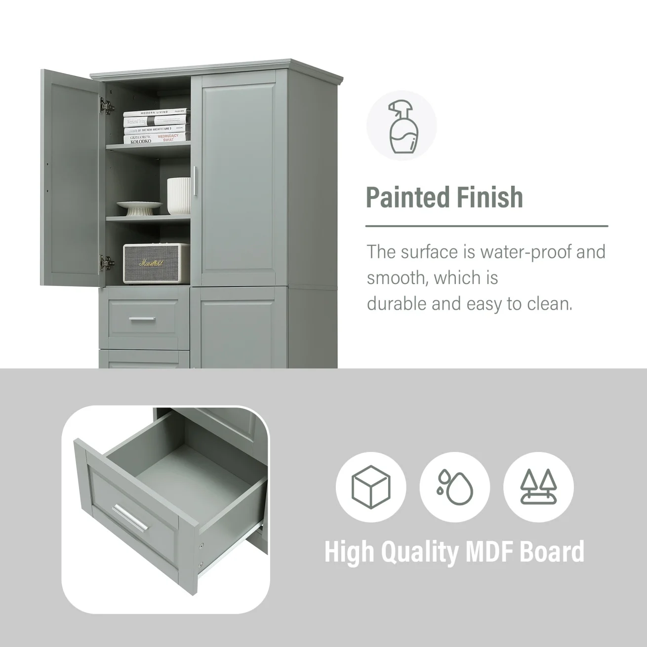 Bathroom Cabinet, 62.2" Tall Storage Cabinet with Doors and Shelves, Freestanding Linen Closet for Bathroom, Kitchen, Living Room, Grey(Grey) - Image 7