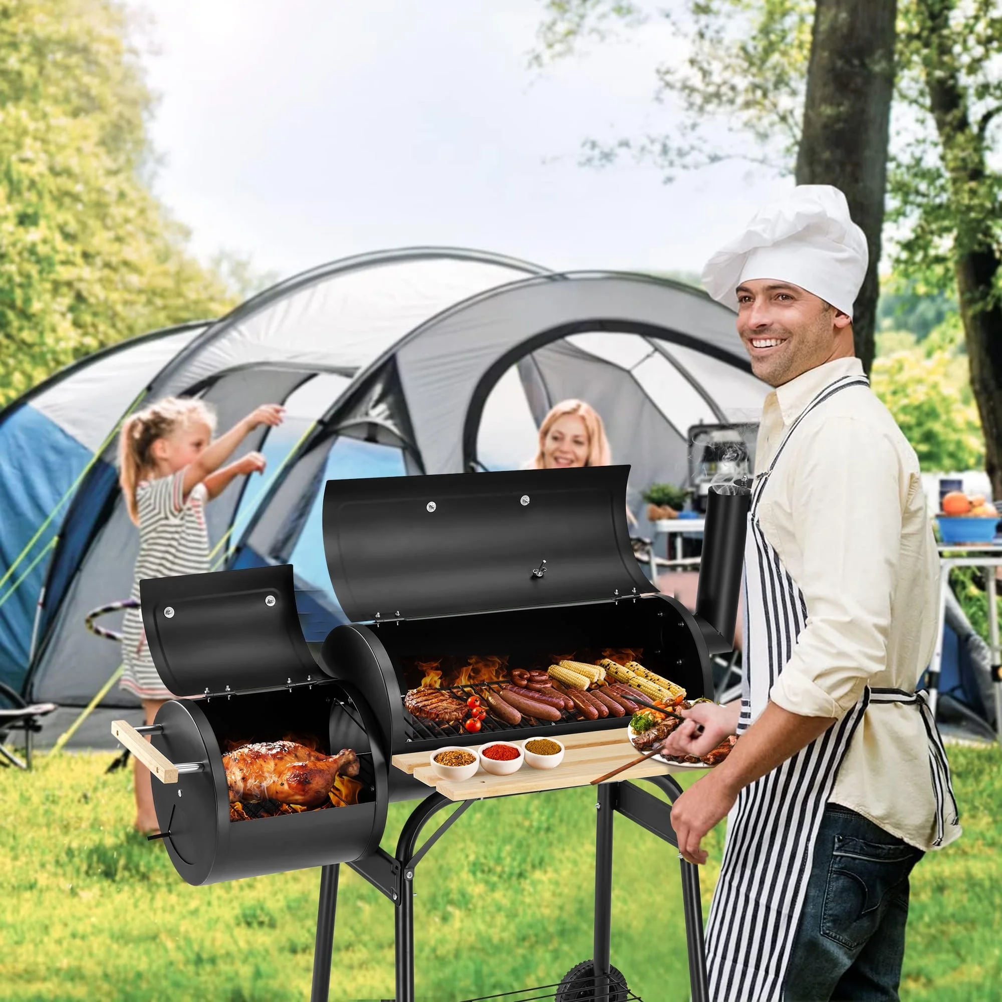 44" Portable Charcoal Grill, with Offset Smoker, Wood Shelf, Thermometer, Wheels, Charcoal BBQ Grill for Outdoor Picnic, Patio, Backyard, Camping, JA1170(Black 01) - Image 10