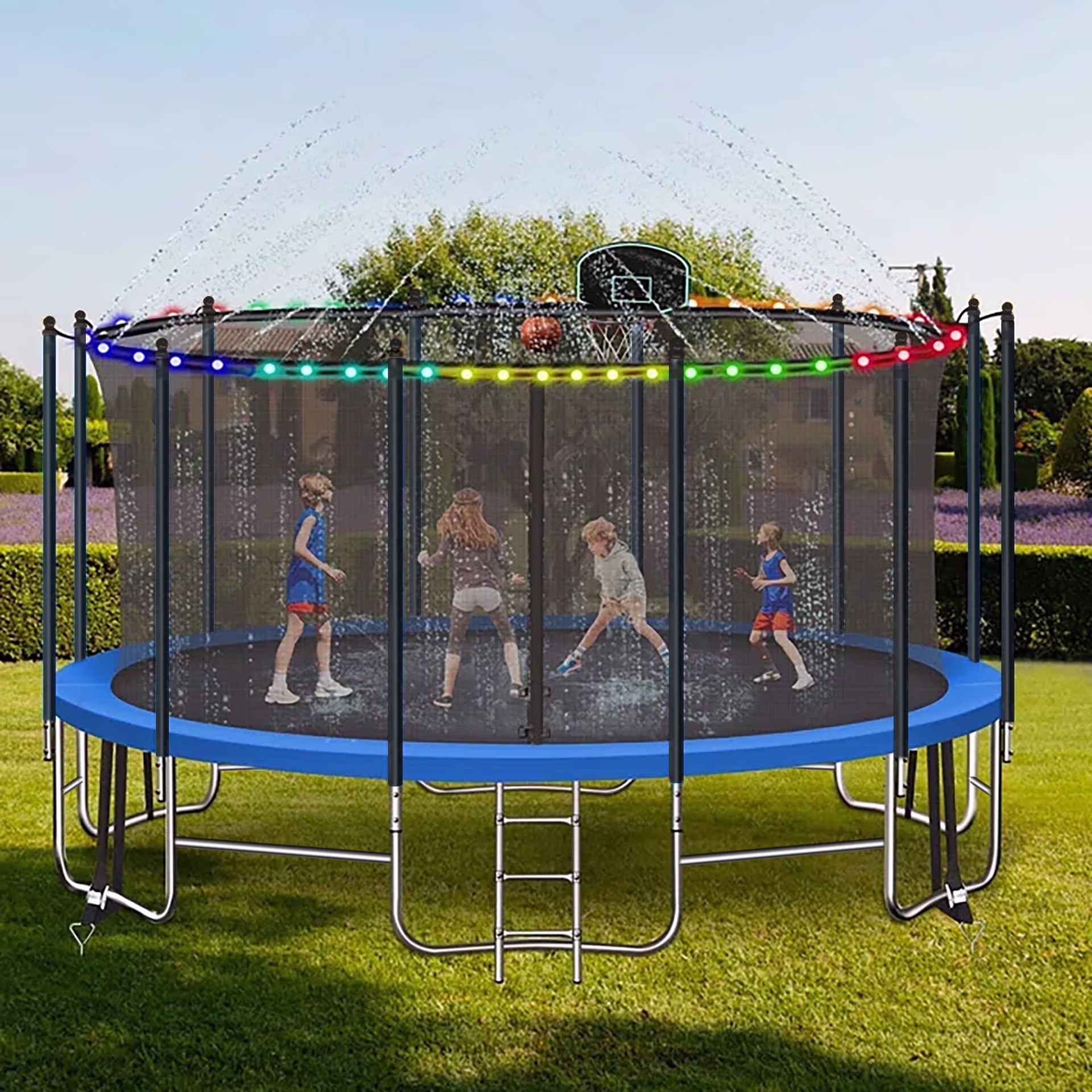 16FT Trampoline for 8 - 9 Kids Adults with Basketball Hoop, Enclosure, Light, Sprinkler, Socks, 2000 lb Outdoor Round Heavy Duty Recreational Backyard Trampoline