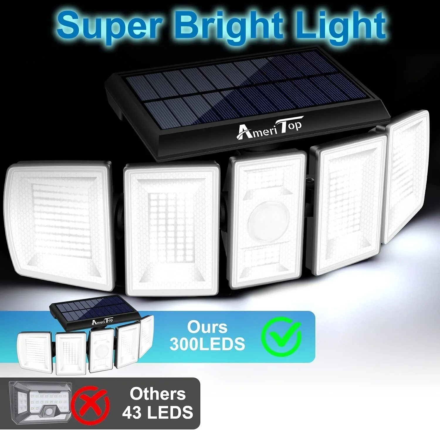Solar Lights Outdoor �?AmeriTop 300 LED 7000K Motion Sensor Lights Cordless; 5 Adjustable Heads, 360° Wide Angle Illumination, IP65 Waterproof, Security LED Flood Light for Patio Yard Garden 2 Pack