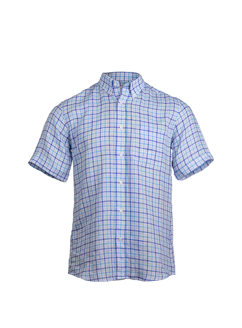 Chemise homme en lin carreaux bleus