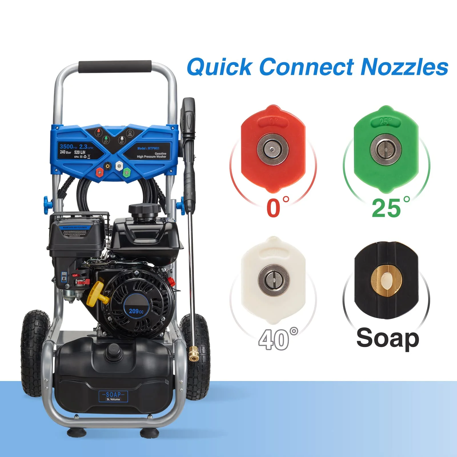3500PSI Gas Pressure Washer, 2.3GPM Gas Powered High Pressure Clean Machine with 209CC Engine, 4 Adjustable Nozzles for Cleaning Walls, Terraces, Vehicles, Gardens (Blue)(Blue) - Image 5