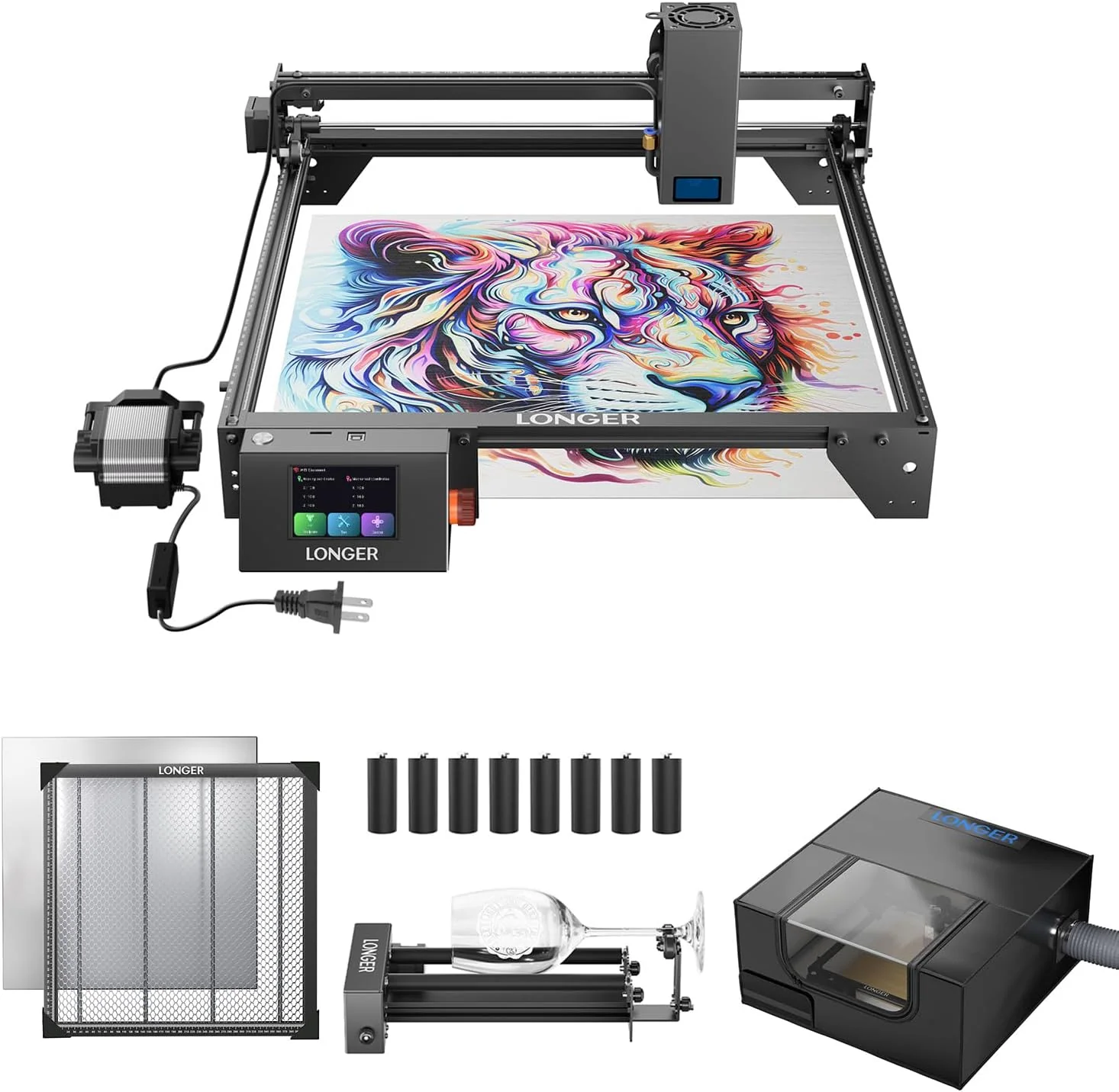 Découpeuse et graveuse laser RAY5 20W (longueur supérieure) pour gobelets, avec rouleau rotatif, plateau de travail de 44 x 44 cm, enceinte ventilée et pompe à air. Graveuse laser pour bois, métal et acrylique.