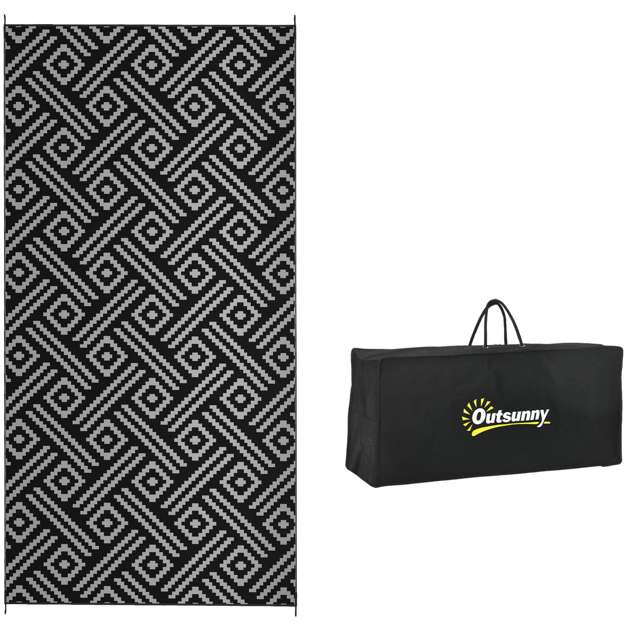 Outsunny Outdoor Rug & Bag, 9' x 18' Plastic Rug, Black Gray Geometric