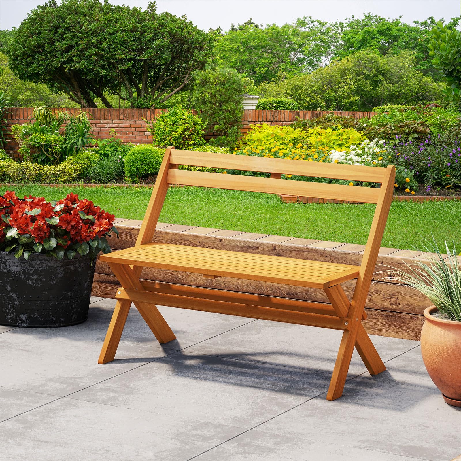 Tangkula Foldable Acacia Wood Outdoor Bench