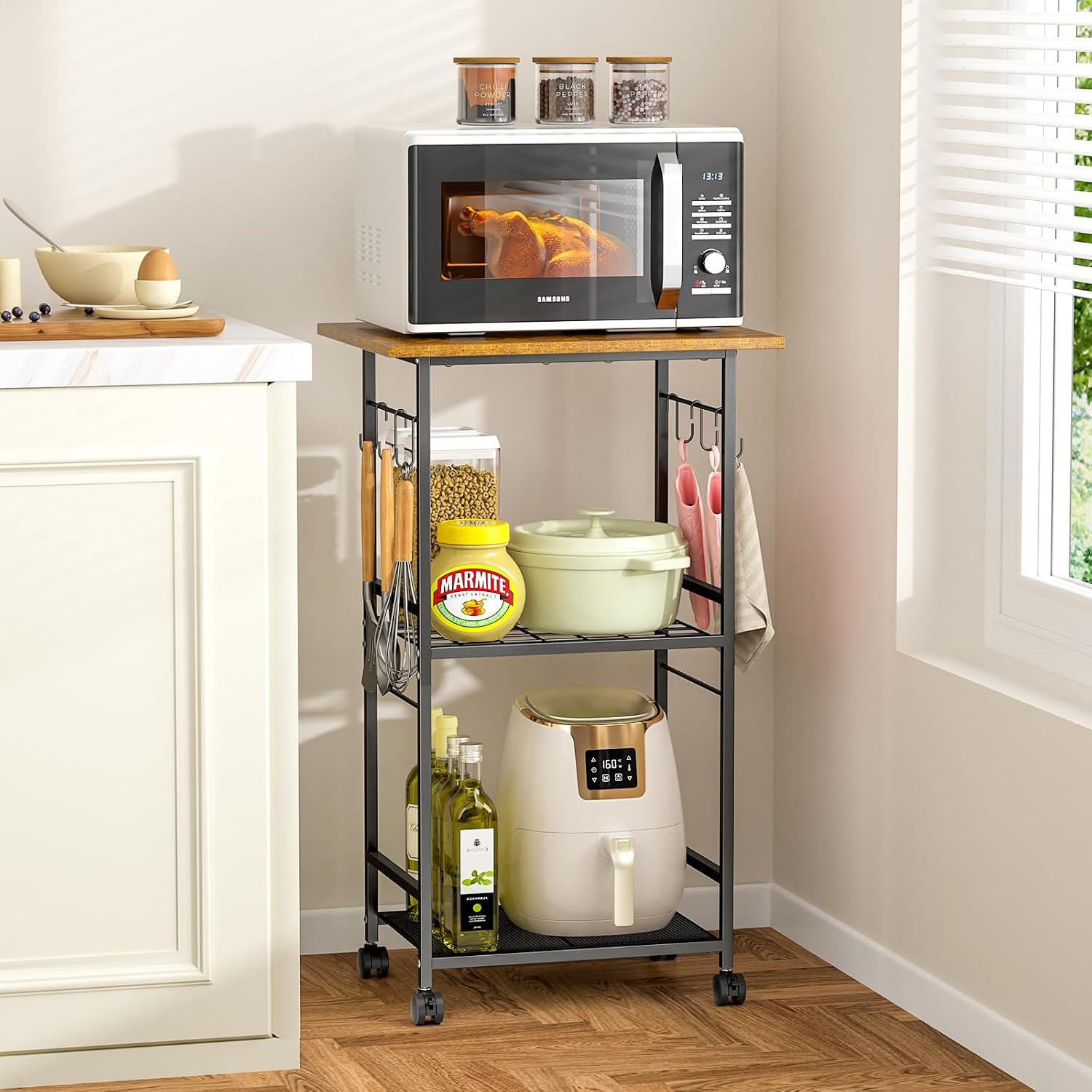 ThreeHio Rolling Kitchen Microwave Cart, 3 Tier Microwave Table Stand with Adjustable Shelf, Kitchen Storage Rack on Wheels, Coffee Station Cart Rack Shelf Organizer for Living Room Office, Balcony