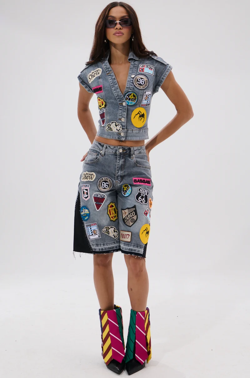 VINTAGE DENIM BERMUDA SHORT WITH PATCHES - Akira Store
