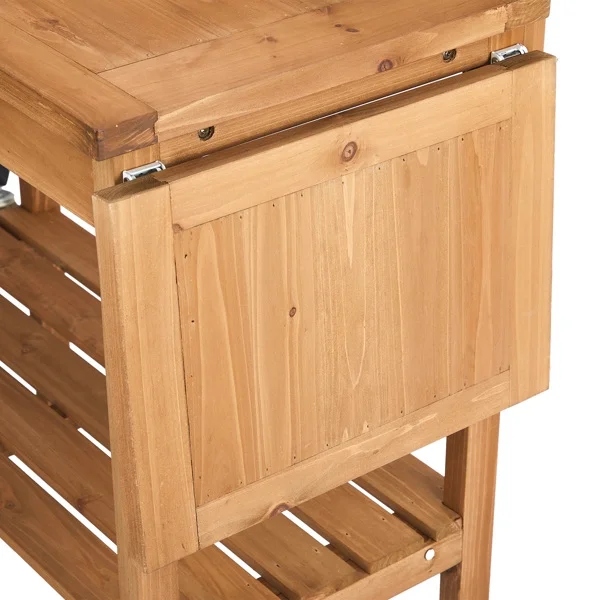 Outdoor Garden Potting Bench Table with Folding Pallet, Wooden Horticulture Planting Worstation with Metal Tabletop and Storage Shelves, Natural Wood
