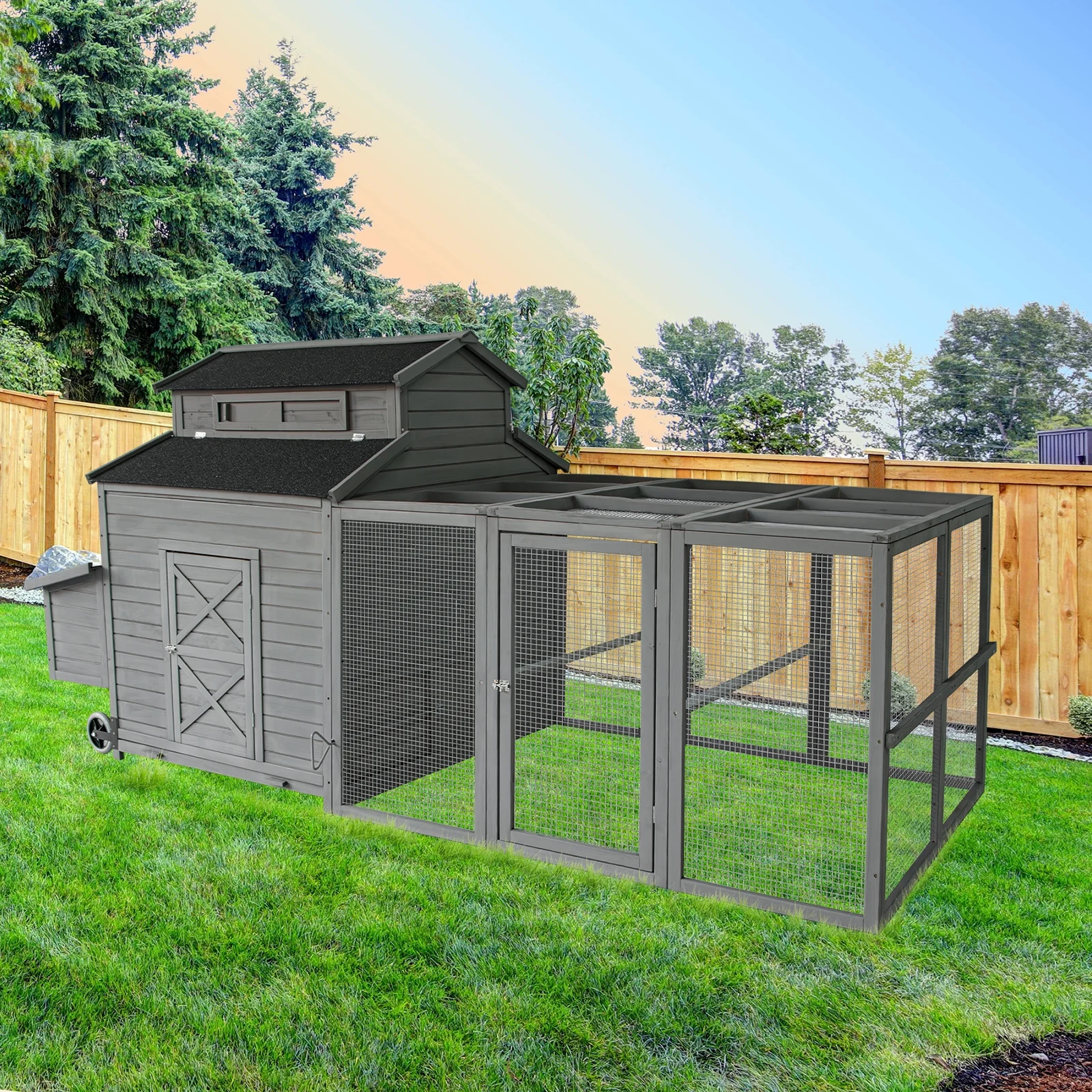Chicken Coop for 6-10 Chickens, 112" Large Chicken Coops, with Chicken Run Nesting Box Secure Enclosure, Outdoor Wooden Hen House Hutch for Rabbit, Poultry Pet, Duck(Gray) - Image 8