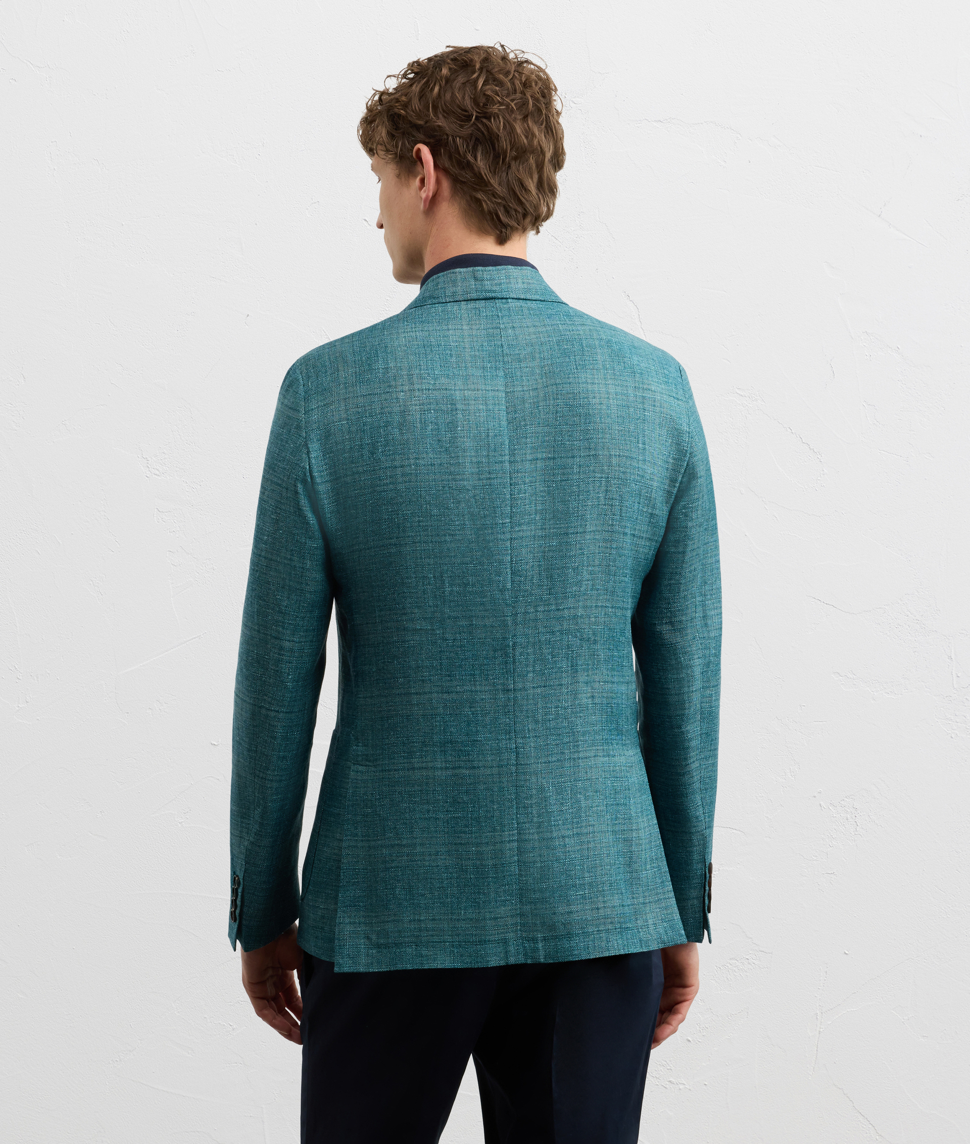 TEAL BLUE CHECKED LINEN AND WOOL BRERA LINE UNLINED JACKET