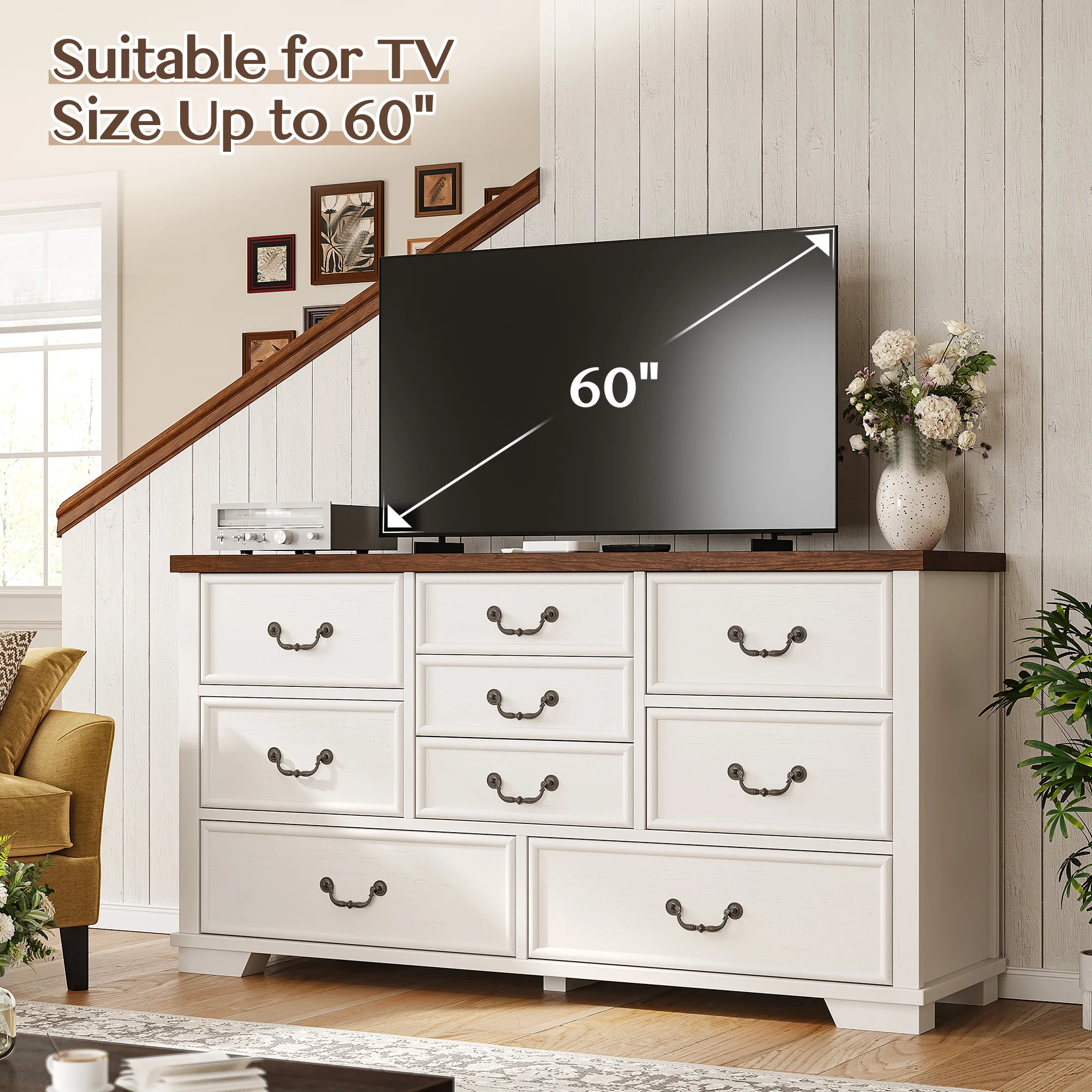 Wood Dressers for Bedroom with 9 Drawers White Dresser Chest of Drawers for Living Room(White/9 Drawers) - Image 9