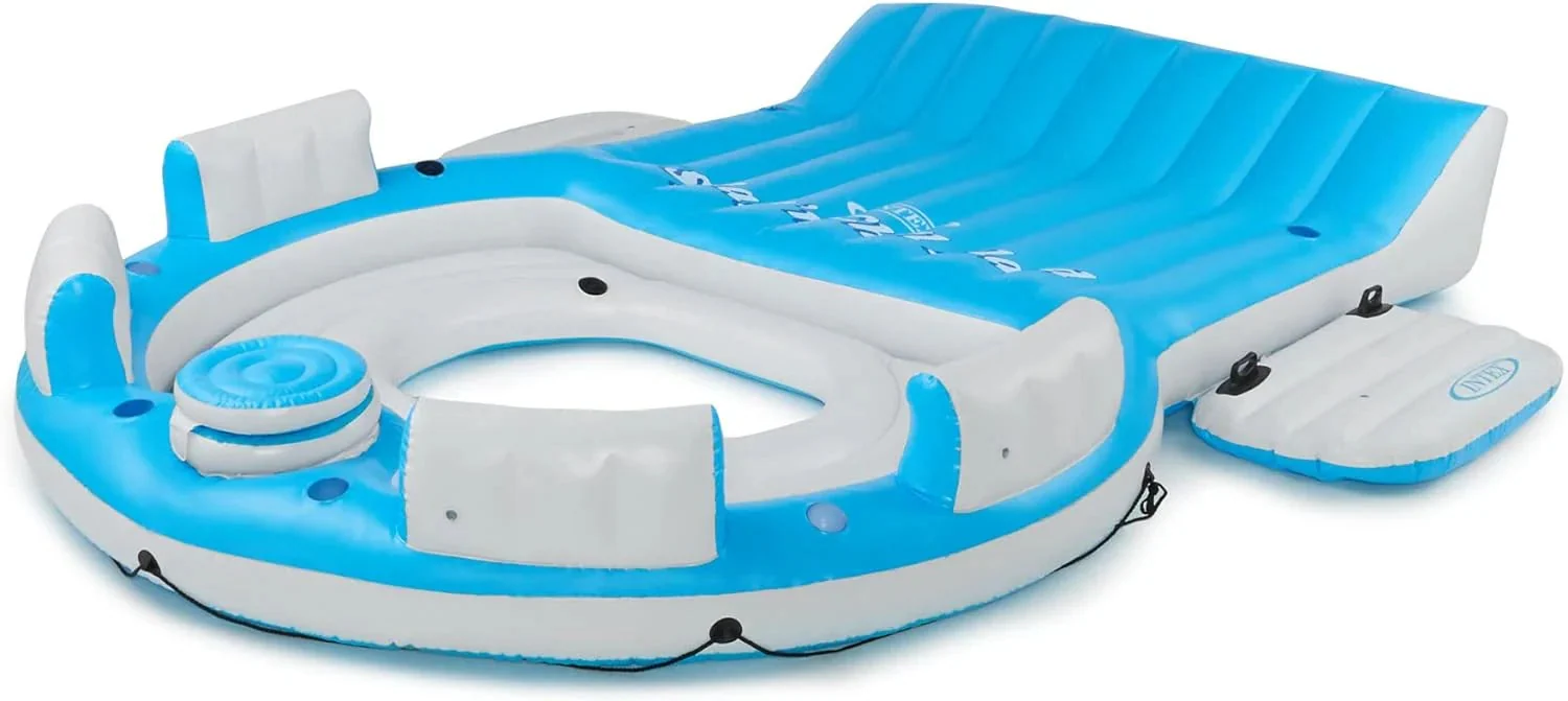 145 X 125 X 20 Inch Inflatable Lake and Pool Relaxation Island Lounger Seat for Up to 7 Adults, Blue and White