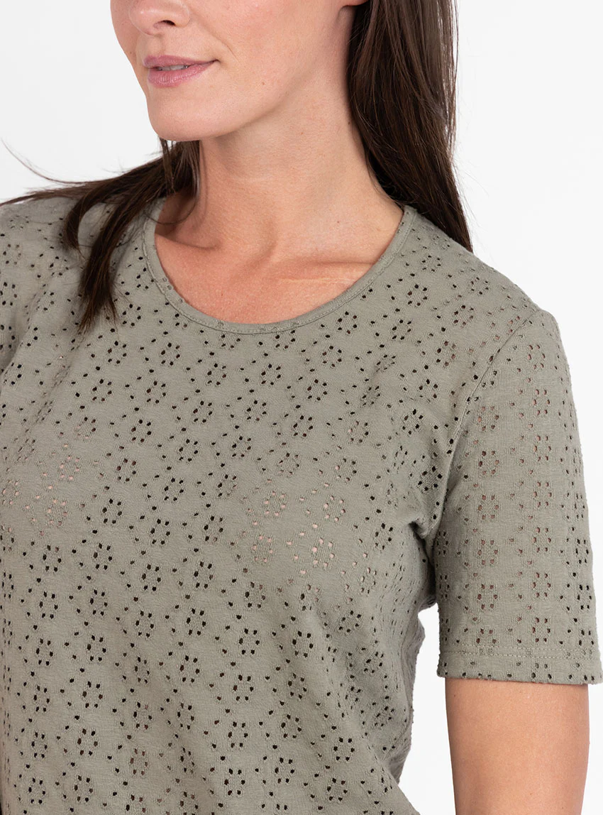 Tee-shirt femme en maille ajourée coton vert kaki