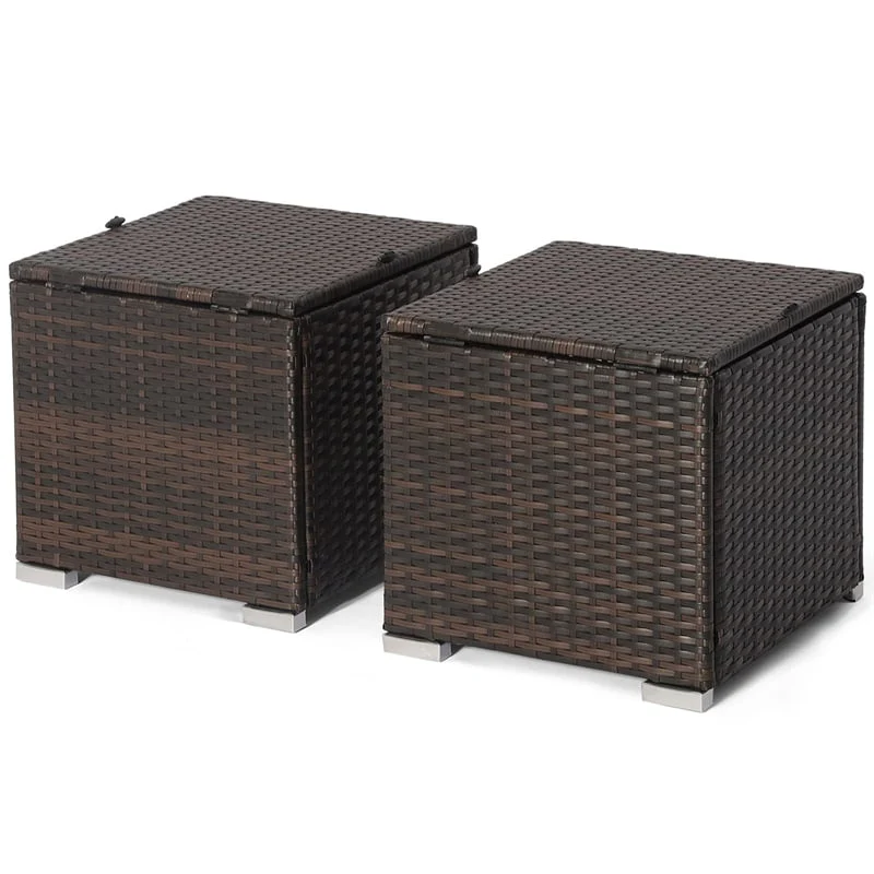 2PCS Wicker Outdoor Storage Ottomans with Removable Cushions, Multipurpose PE Rattan Footrest Side Table Seating for Patio Poolside Backyard