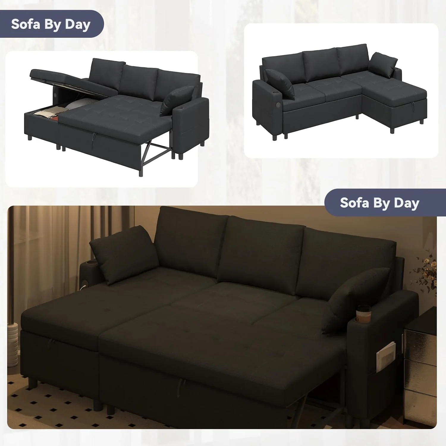 AECOJOY Sleeper Sofa Couch with Pullout Bed, Linen Fabric, Black