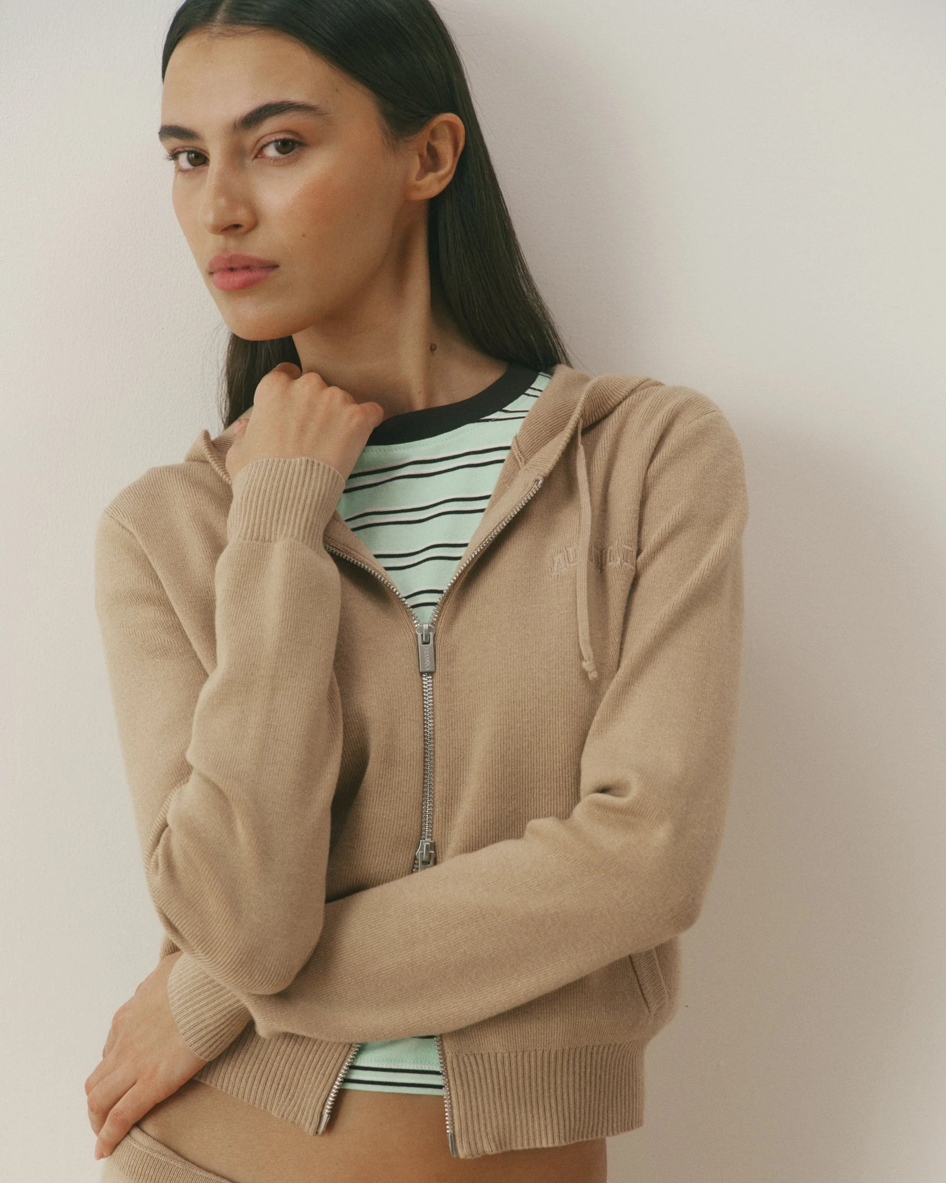 Knit Zip Through Hoodie - Almond