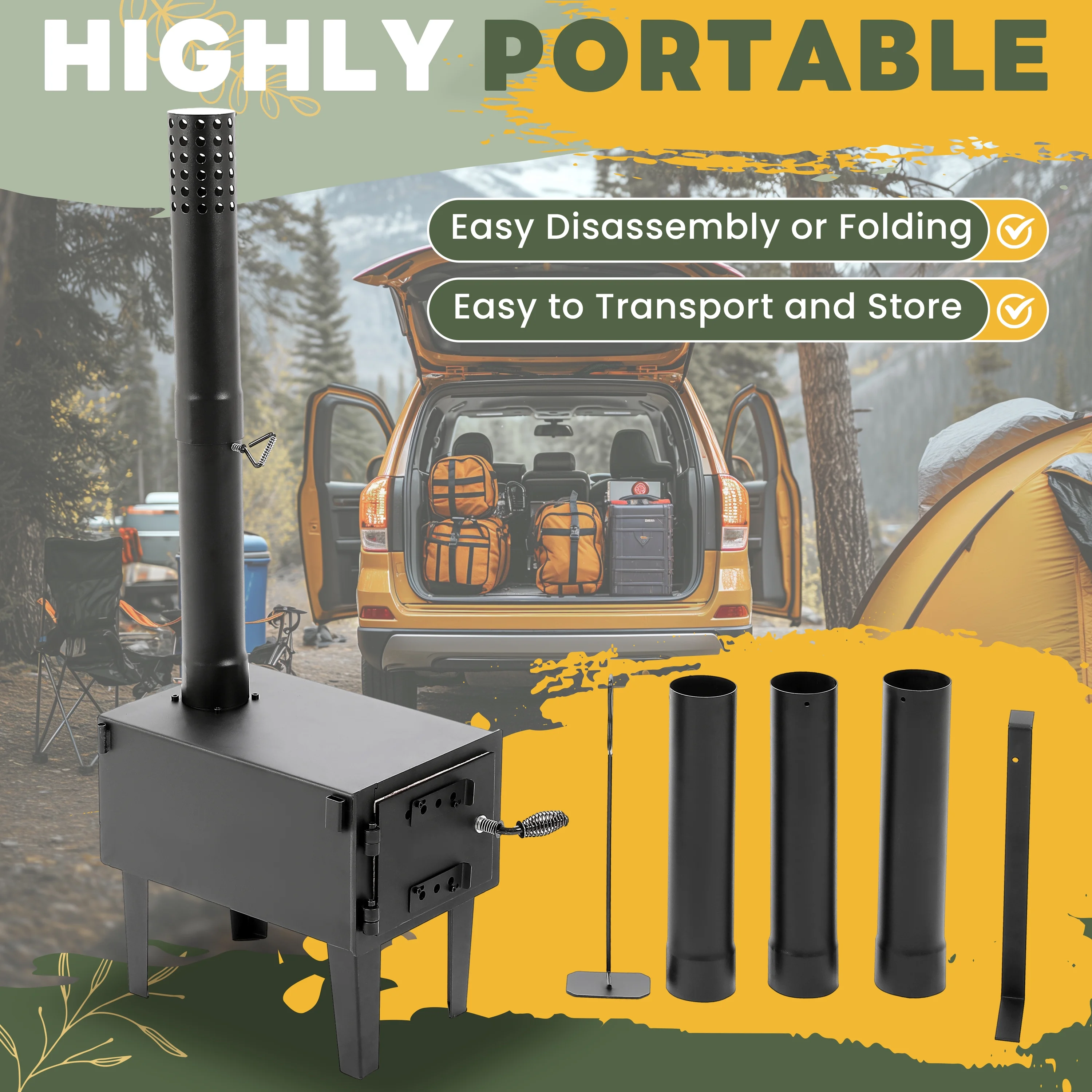 Wood Burning Stove Tent Camping Stove for Outdoor Cooking Fishing Hiking Travel Portable Heater W/Storable Chimney Pipes - Image 6