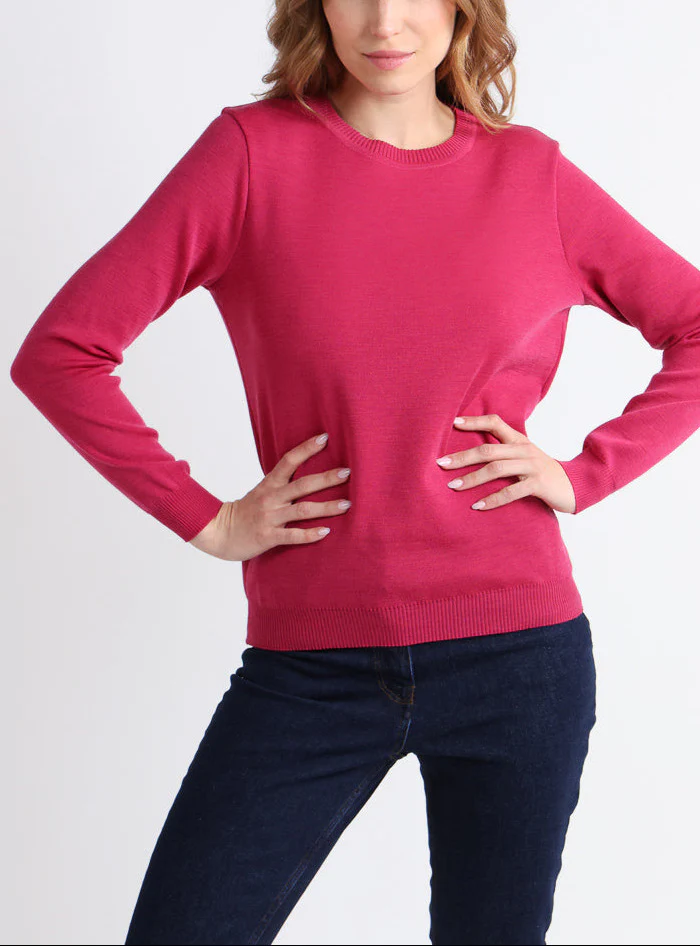 Pull femme en laine mérinos col rond Rose Géranium