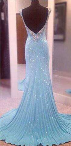 Modest V-Neck Sleeveless Sequins Blue Mermaid Backless Floor-Length Long Prom Dresses DM397