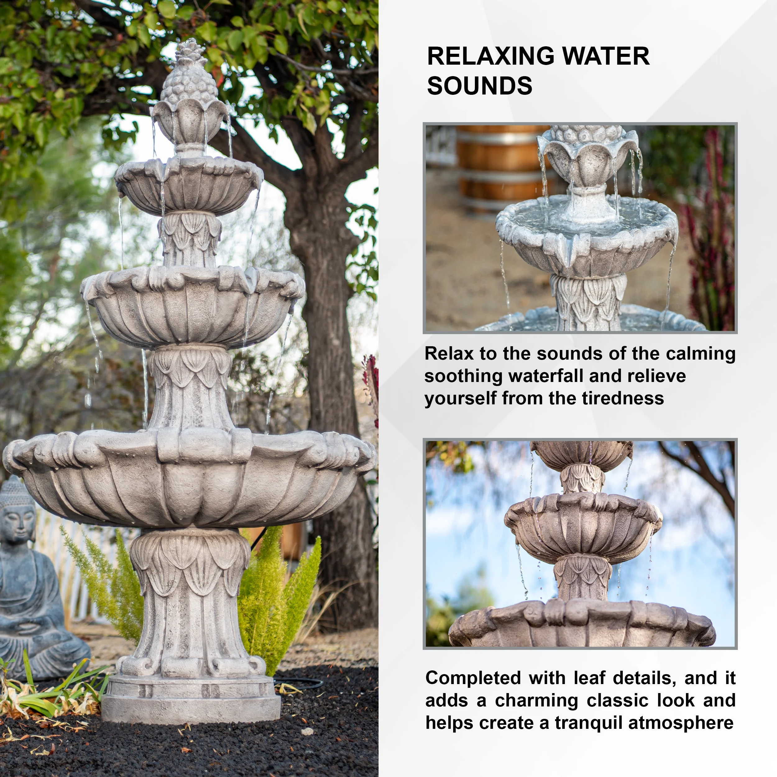 58 3" 3 Tier Outdoor Freestanding Water Fountain Classic Leaf Design, Gray Resin, Large Bird Bath with Pump Ideal for Yard, Lawn and Garden, Porch Décor Image 9