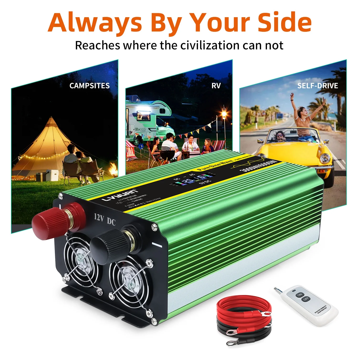 LVYUAN 3000watts Pure Sine Wave Power Inverter DC 12V to AC 110V 120V Converter 4USB 4AC LCD Display with Remote Control