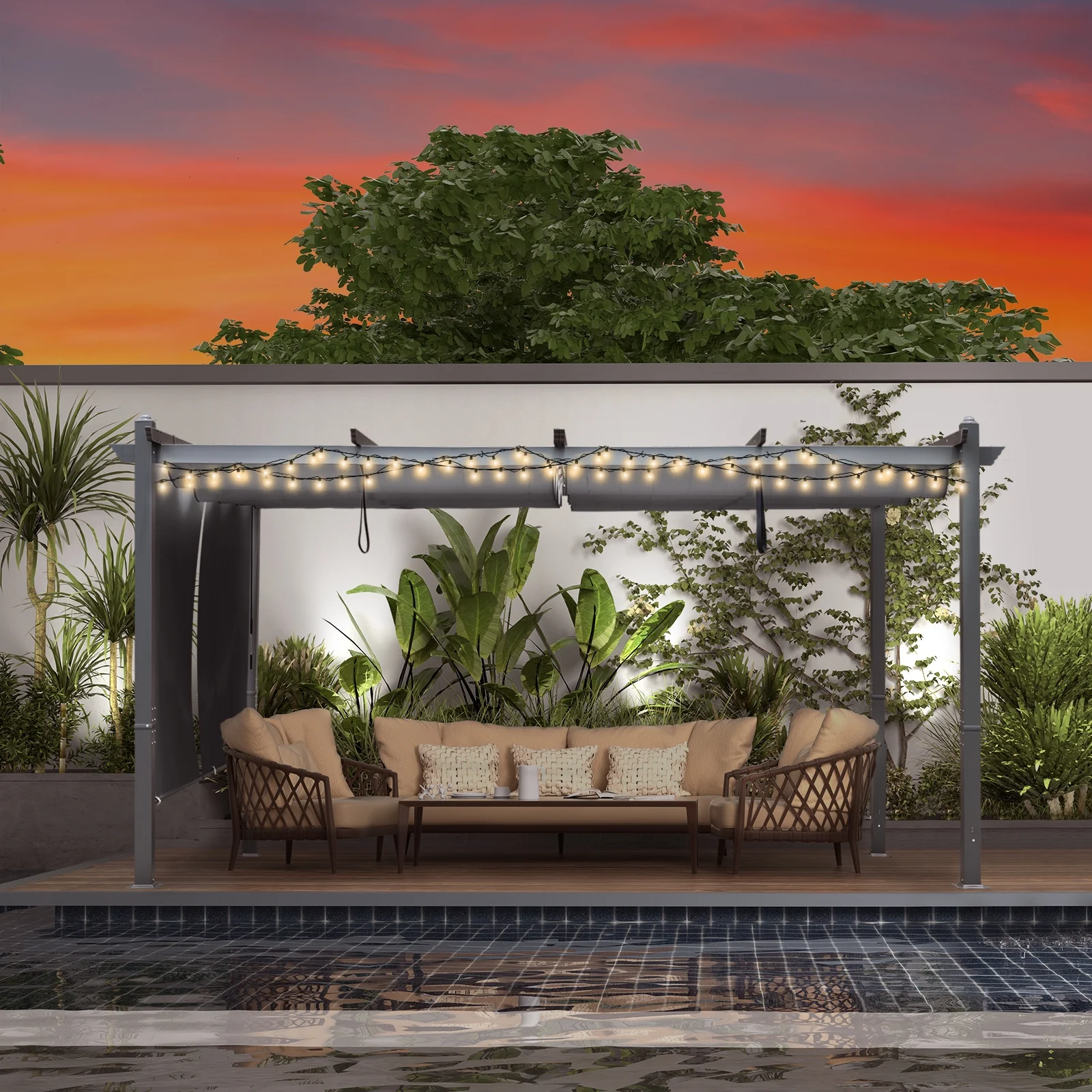 Aoodor 14 x 12 Ft. Outdoor Pergola with Retractable Canopy and Sunshade Roller Curtains, Aluminum Frame Grape Trellis Pergola for Patio Backyard and Deck - Gray