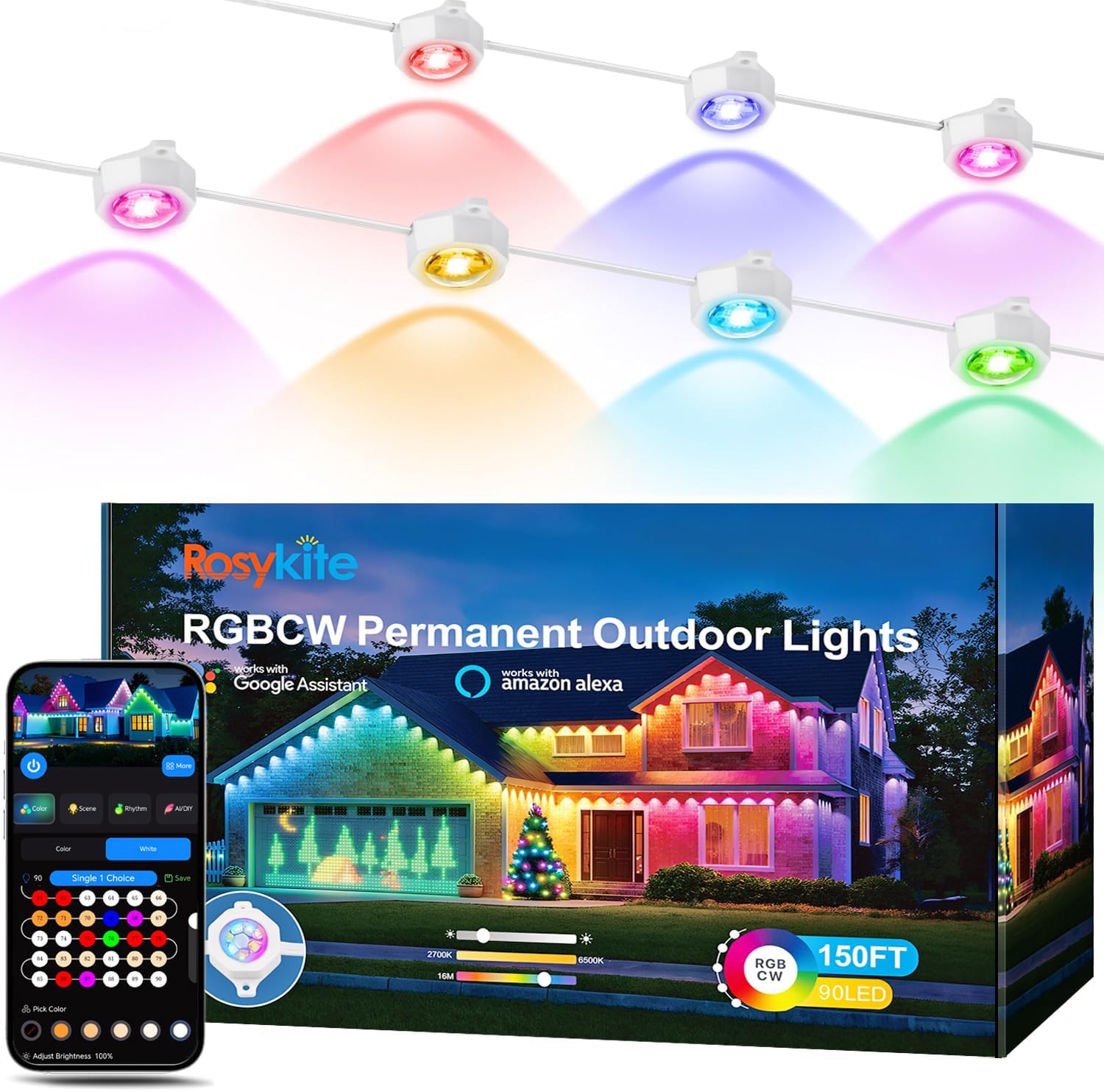 rosykite Permanent Outdoor Lights, 200ft, 144 Lights, RGB+IC & Tunable White| 144 RGBWIC LEDs, Daily Lighting, IP67 Waterproof, Tunable Warm to Cool White, Super Bright, Alexa Google APP Remote Control