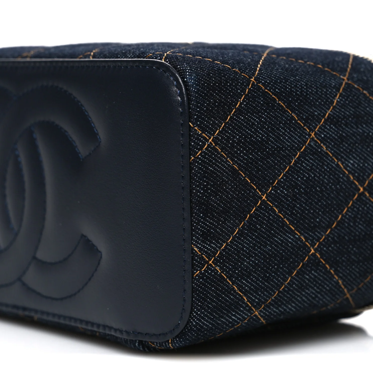 Denim Quilted Vanity Case With Chain Dark Blue Orange