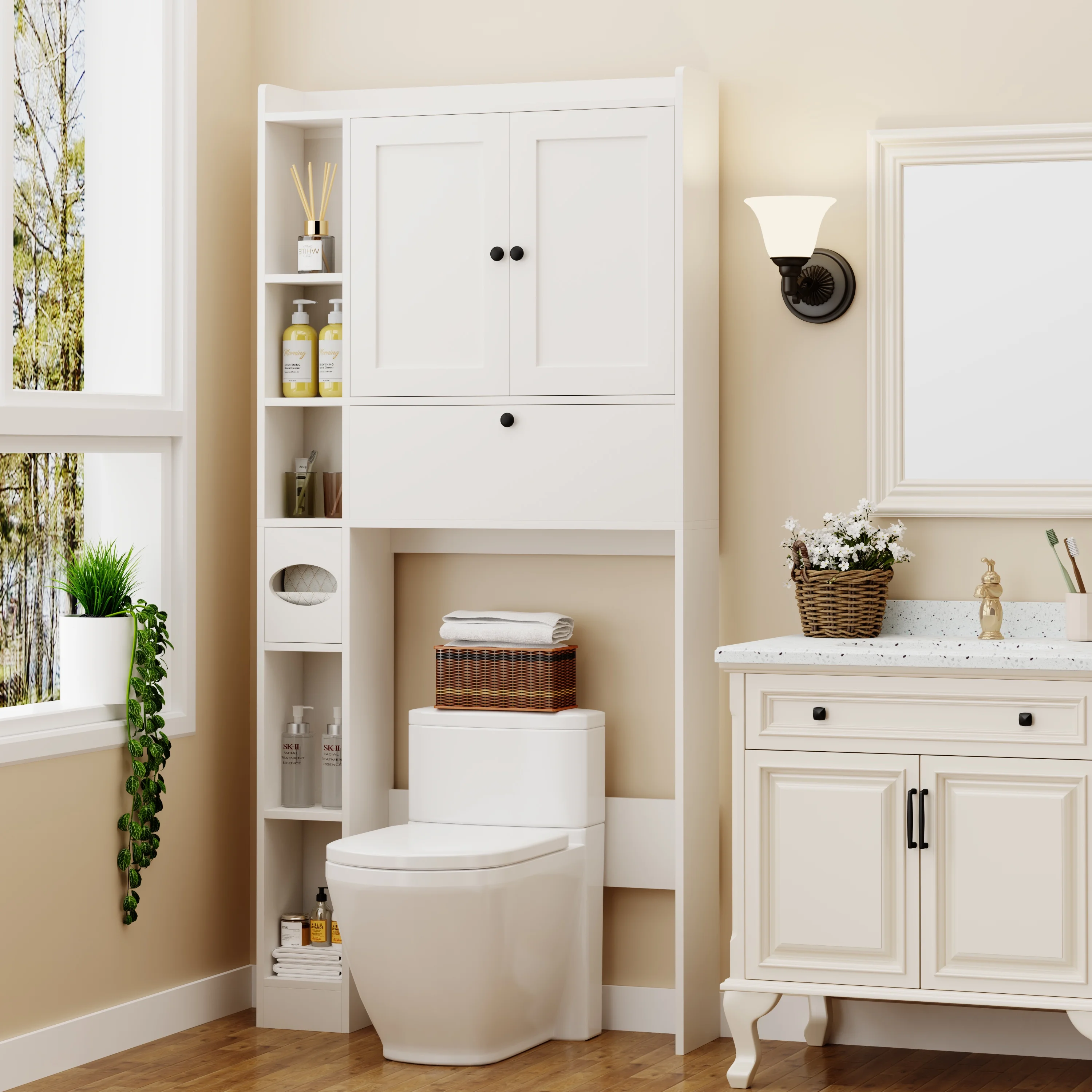 Over The Toilet Storage Cabinet,Bathroom Storage Cabinet with Wooden Doors,Bathroom Organizer Over-The-Toilet Cabinet(White)(White) - Image 7