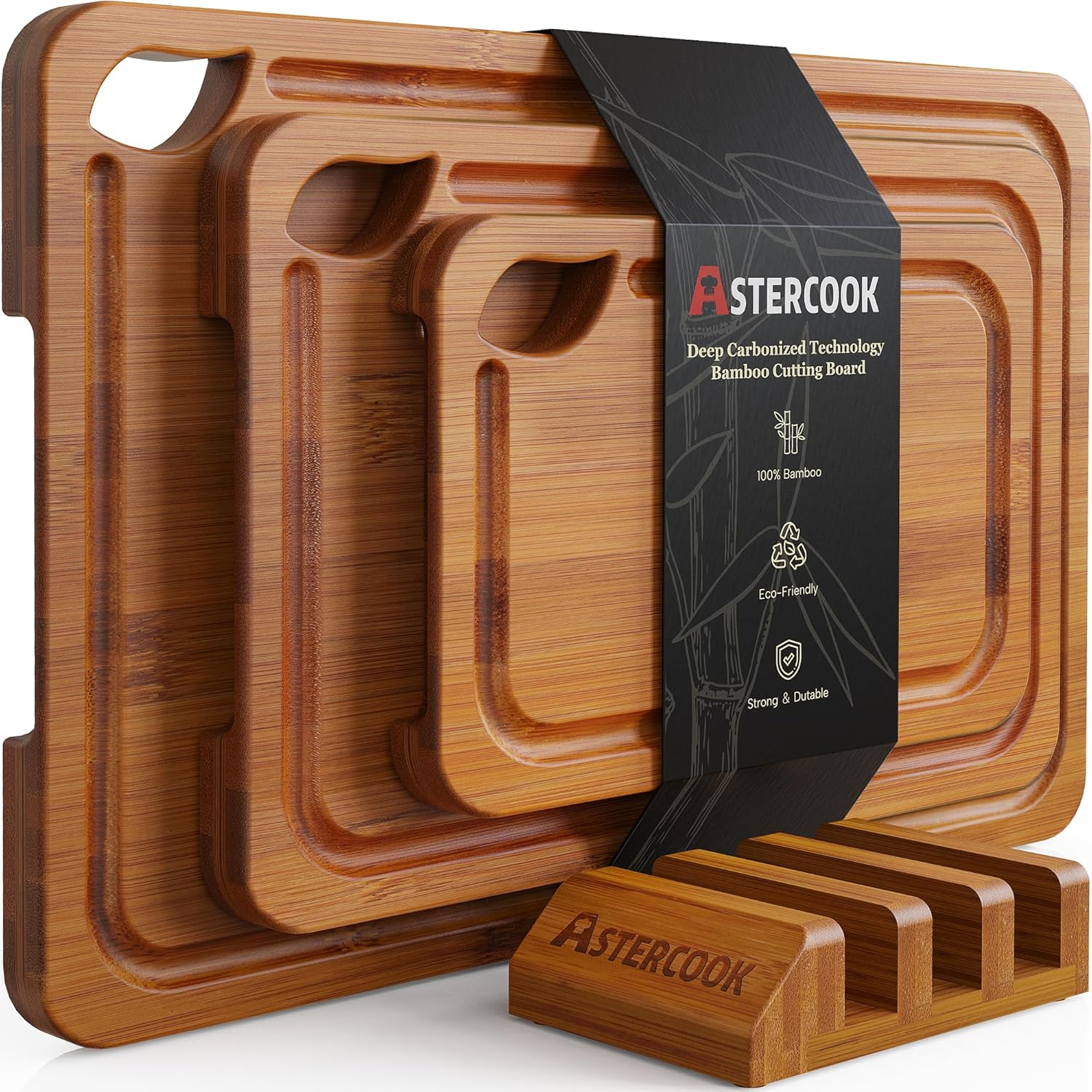 Astercook Deep-Carbonized Bamboo Cutting Boards for Kitchen with Wood Storage Stand, Reversible Charcuterie & Chopping Boards with Juice Grooves and Easy-Grip Handles, Father's Day Gift for Men