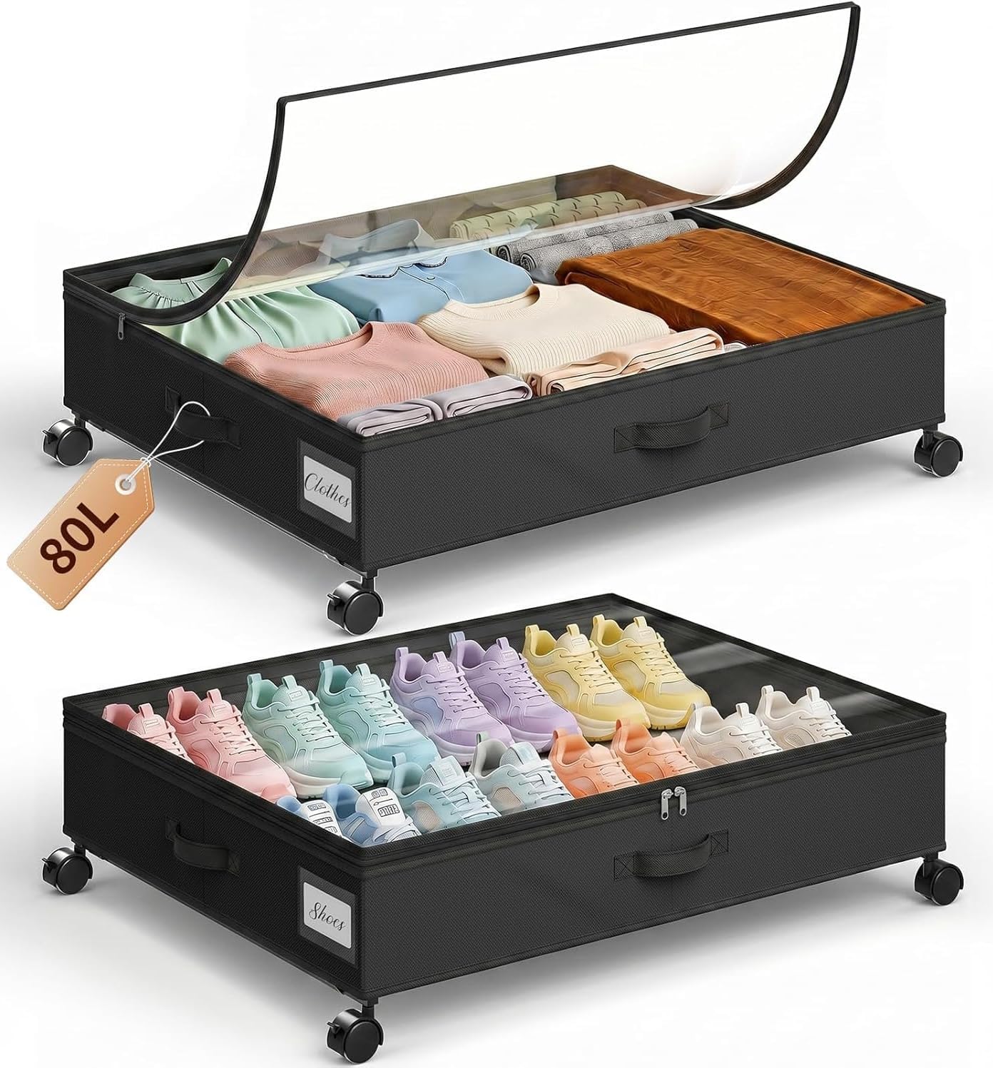 Yecaye 80L Large Under Bed Storage Containers with Wheels, 2 Pack, Black