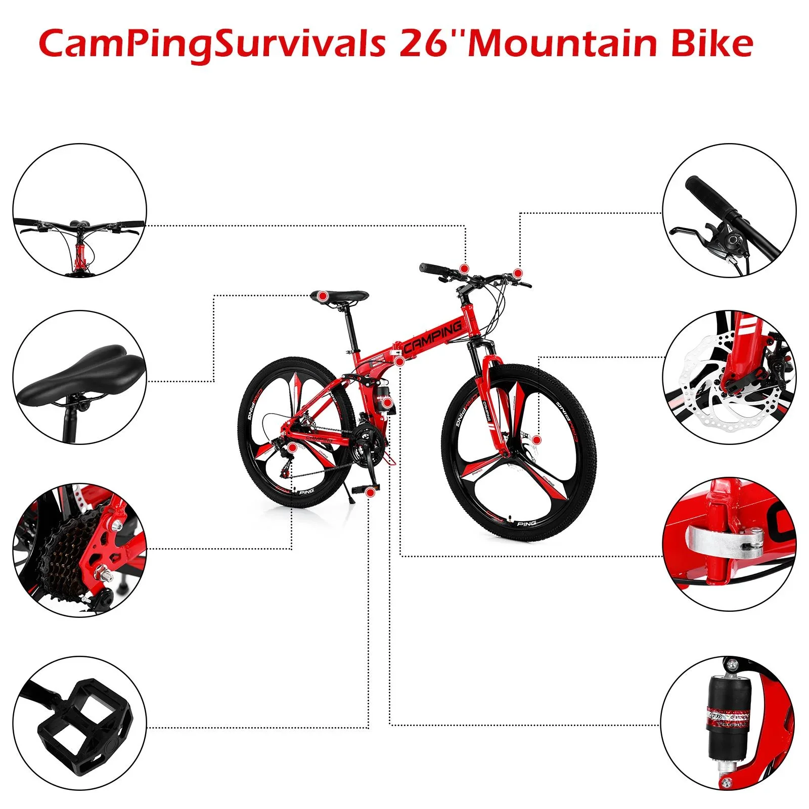 Ktaxon 26 inch 21 Speeds Folding Mountain Bike High Carbon Steel, for Adults Men Women, Red