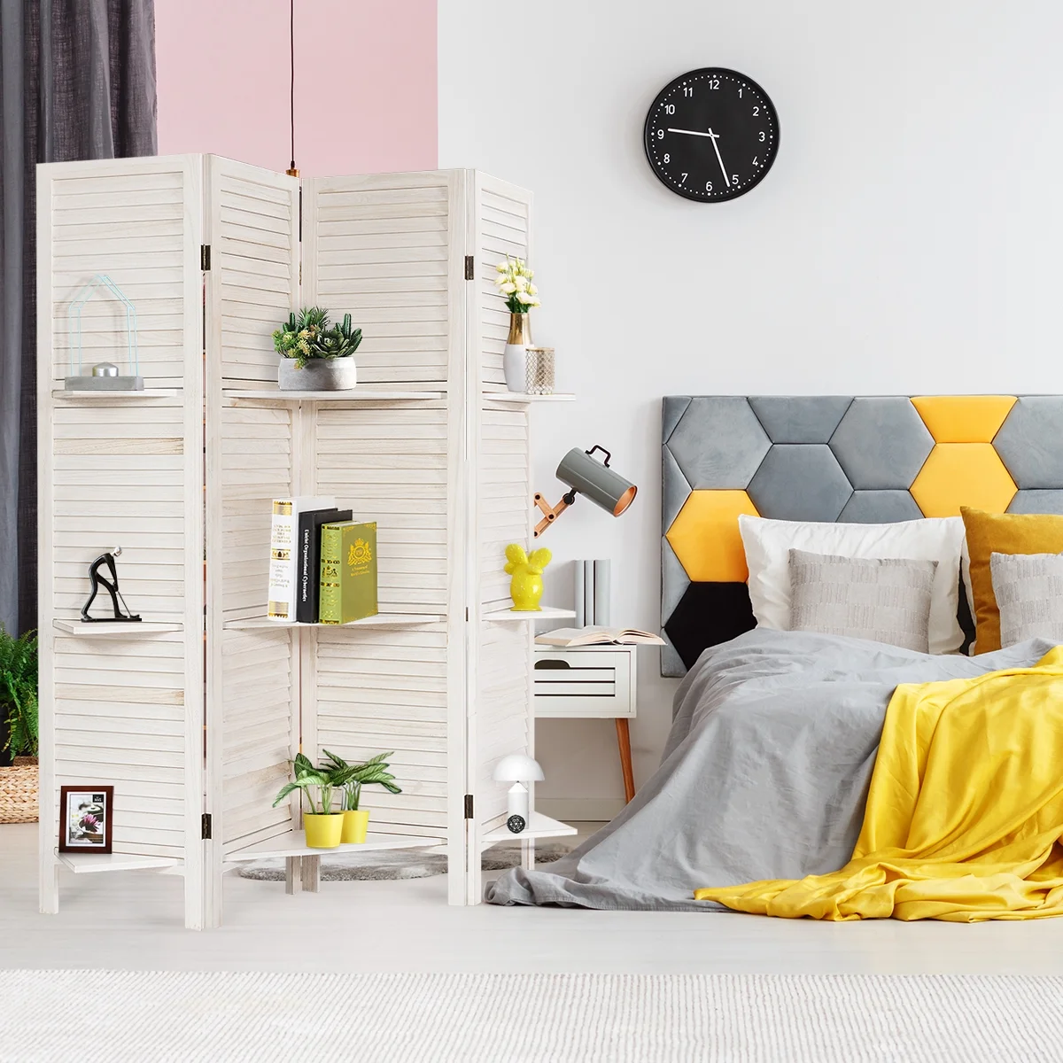 4 Panel Folding Room Divider Screen W/3 Display Shelves 5.6 Ft Tall(White) - Image 10