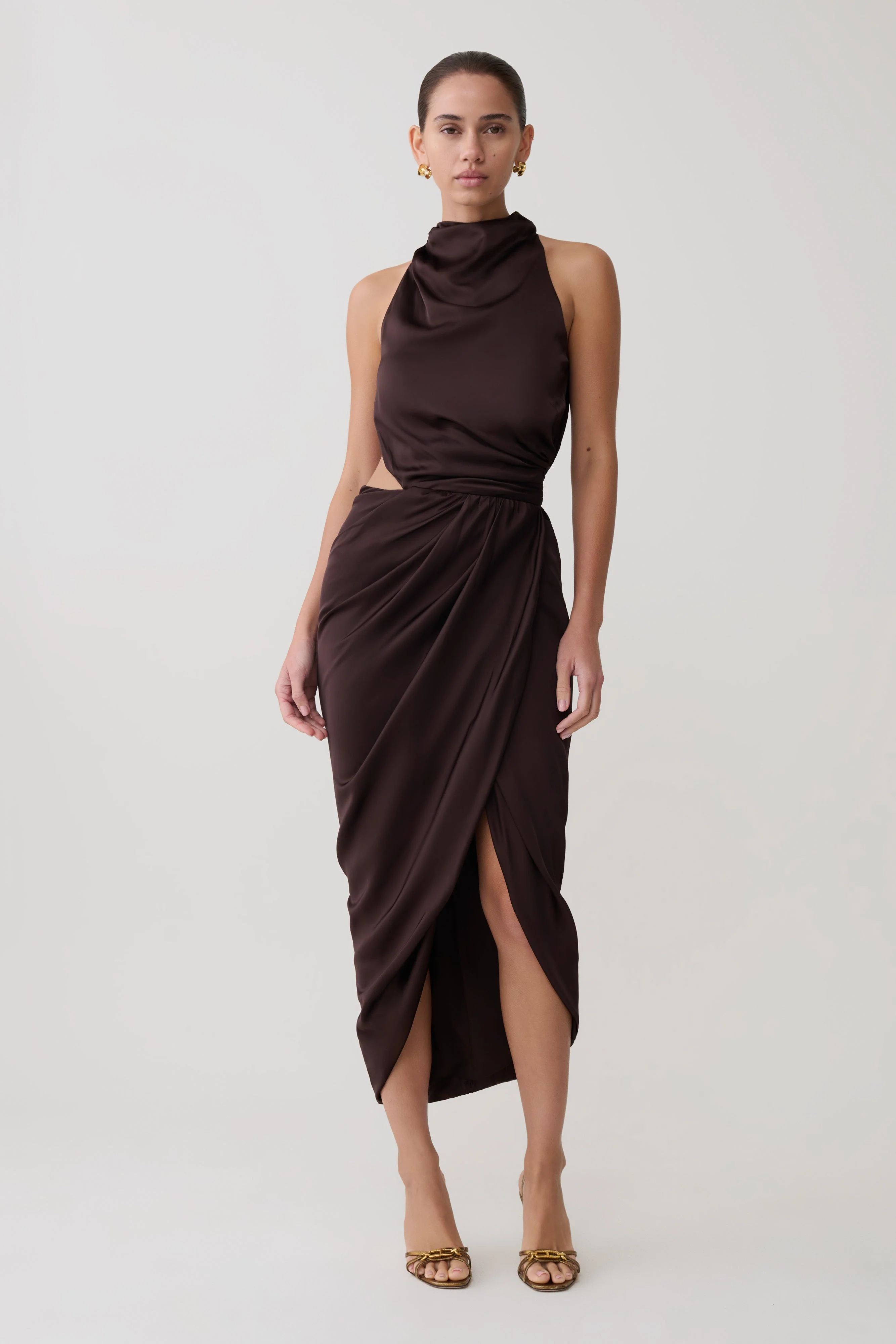 Aveline Draped Halter Midi Dress - Dark Chocolate