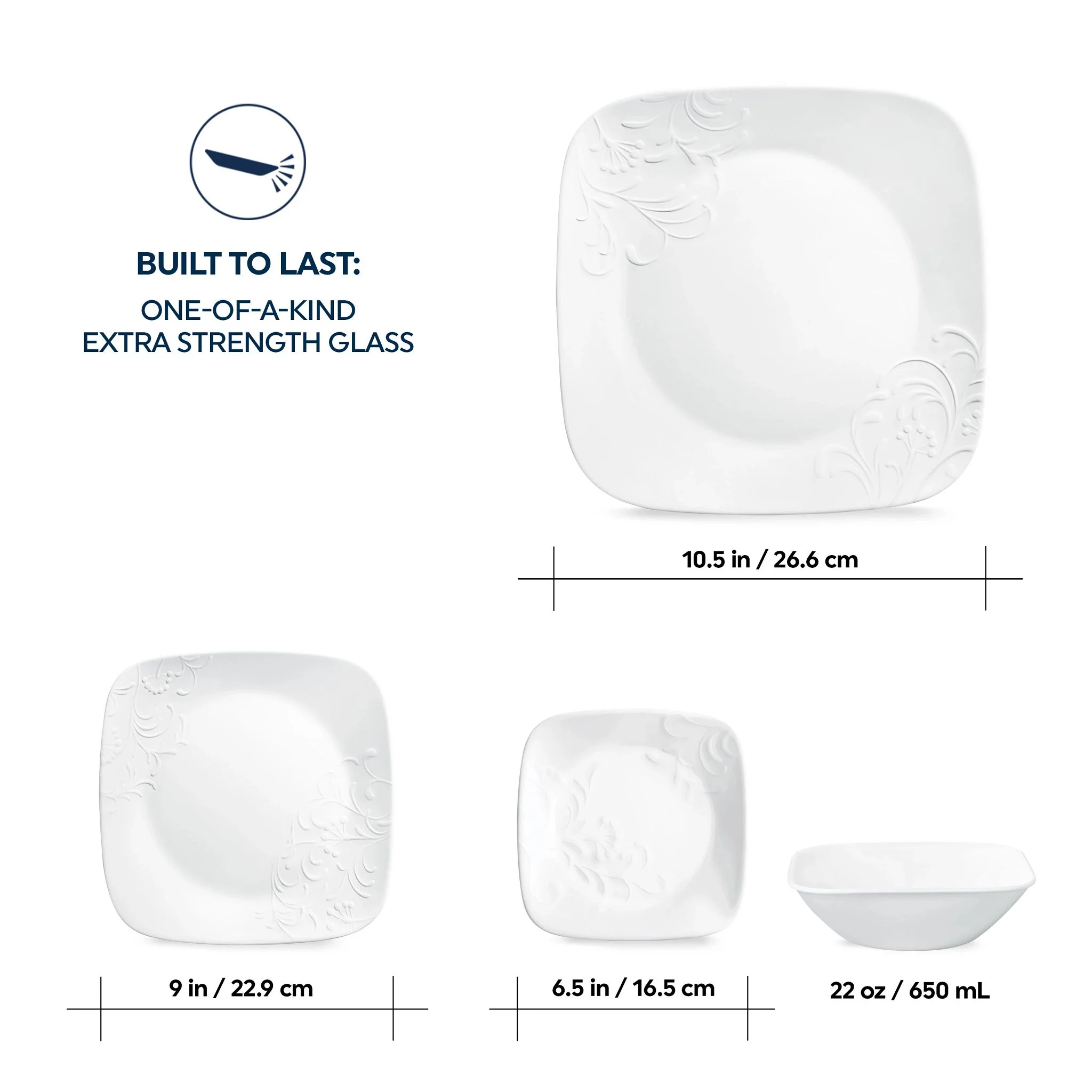 Cherish 16 Piece Embossed Square Glass Dinnerware Set (Service for 4) Image 5