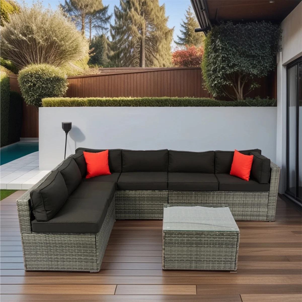 7 Piece Patio Furniture Sets Outdoor Sectional PE Rattan Outdoor Furniture Patio Conversation Set with Cushions and Glass Coffee Table, for Balcony Lawn and Garden, Gray(7pcs#Gray) - Image 6