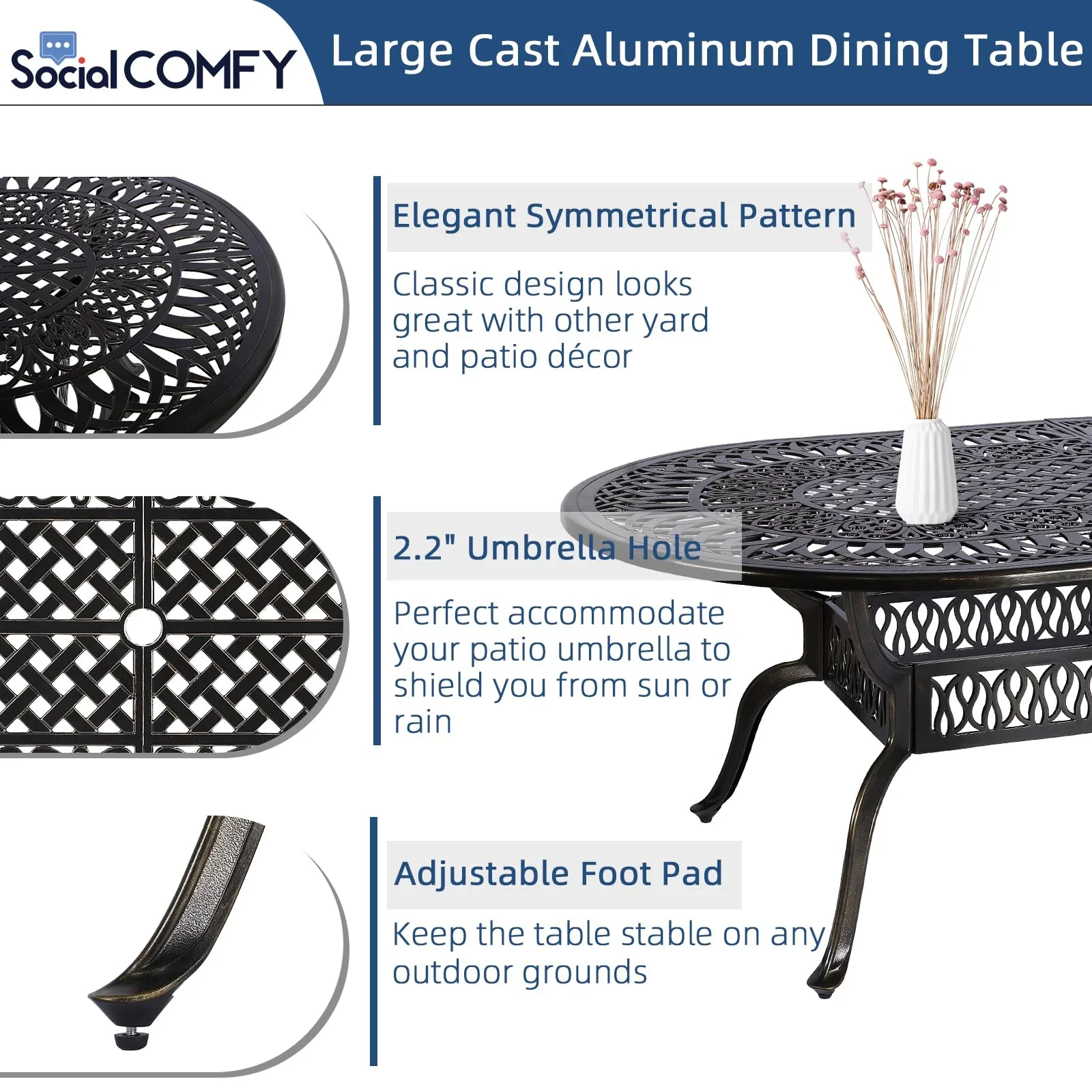 9-Piece Patio Cast Aluminum Dining Set, 8 Person Outdoor Dining Furniture Set, includes 84 Oval Table and 8 Swivel Dining Chairs with Umbrella Hole for Patio Deck Garden, Tan
