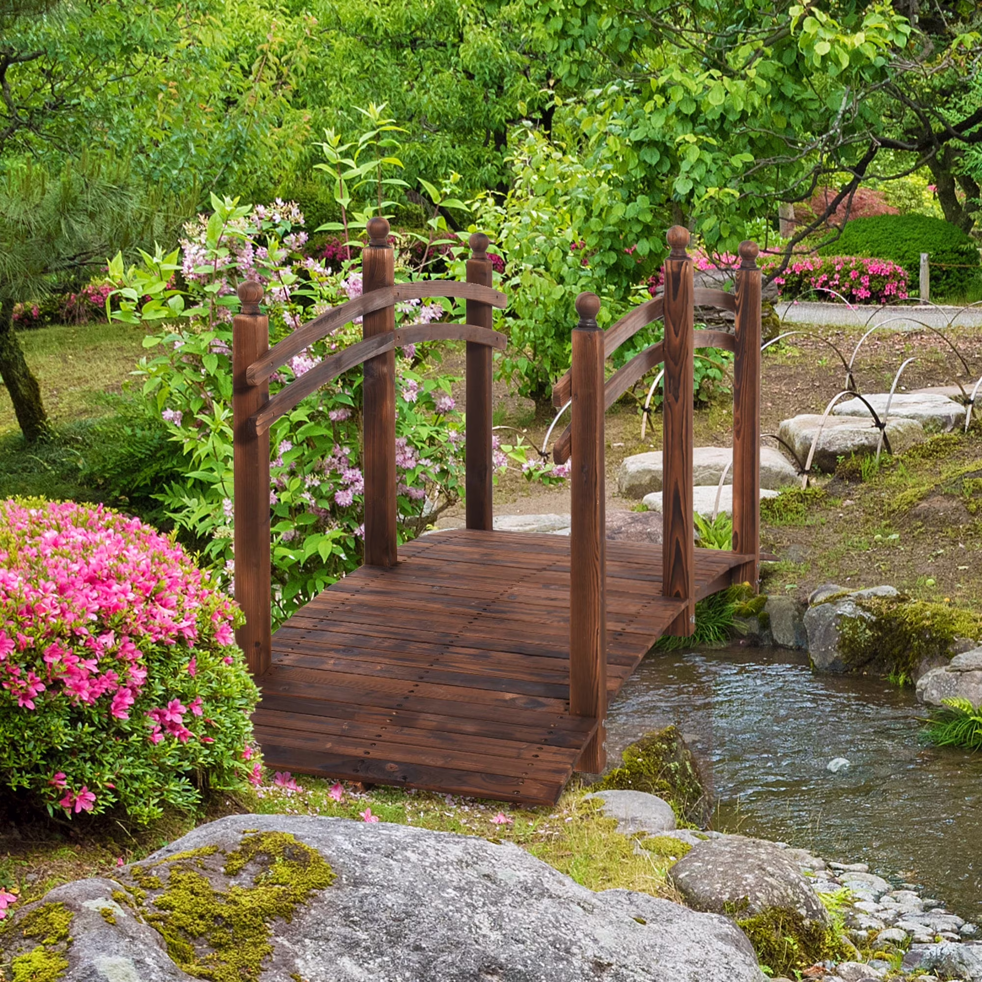 7.5' Fir Wood Garden Bridge Arc Walkway with Side Railings, Perfect for Backyards, Gardens, & Streams