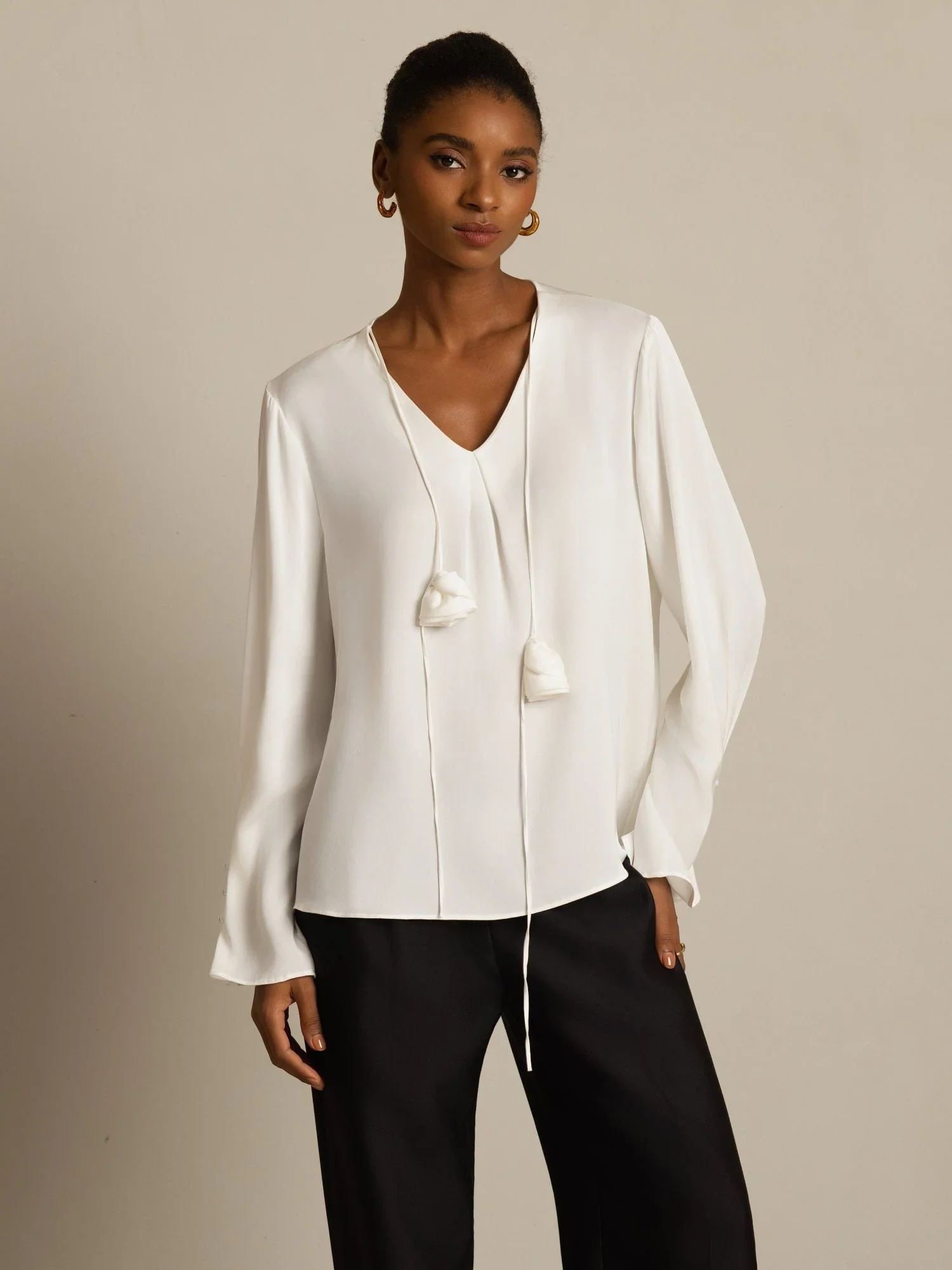 19Momme Silk Women's V Neck Long Sleeve Blouse With 3D Rose Detail