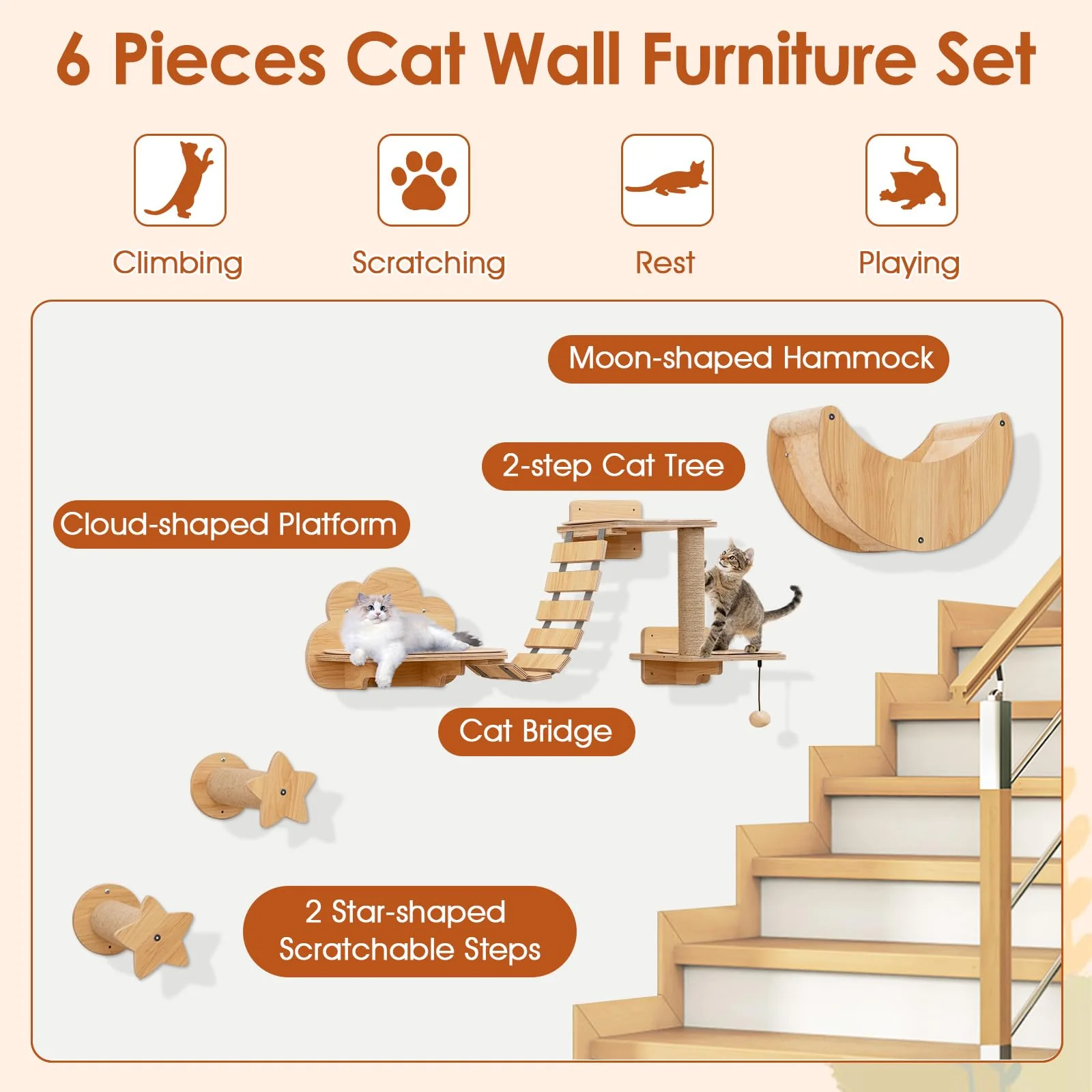 Tangkula Cat Wall Furniture Set Kitten Wall Mounted Shelves with Hammock