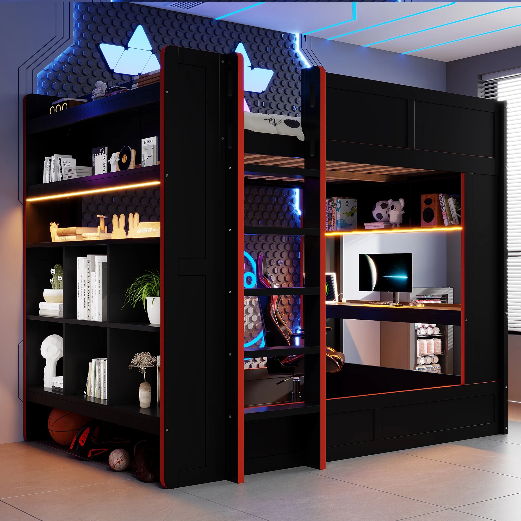 Wood Full Size Loft Bed with Desk and Shelves, Gaming Bunk Bed with LED Light and USB Charging, Black(Black) - Image 2